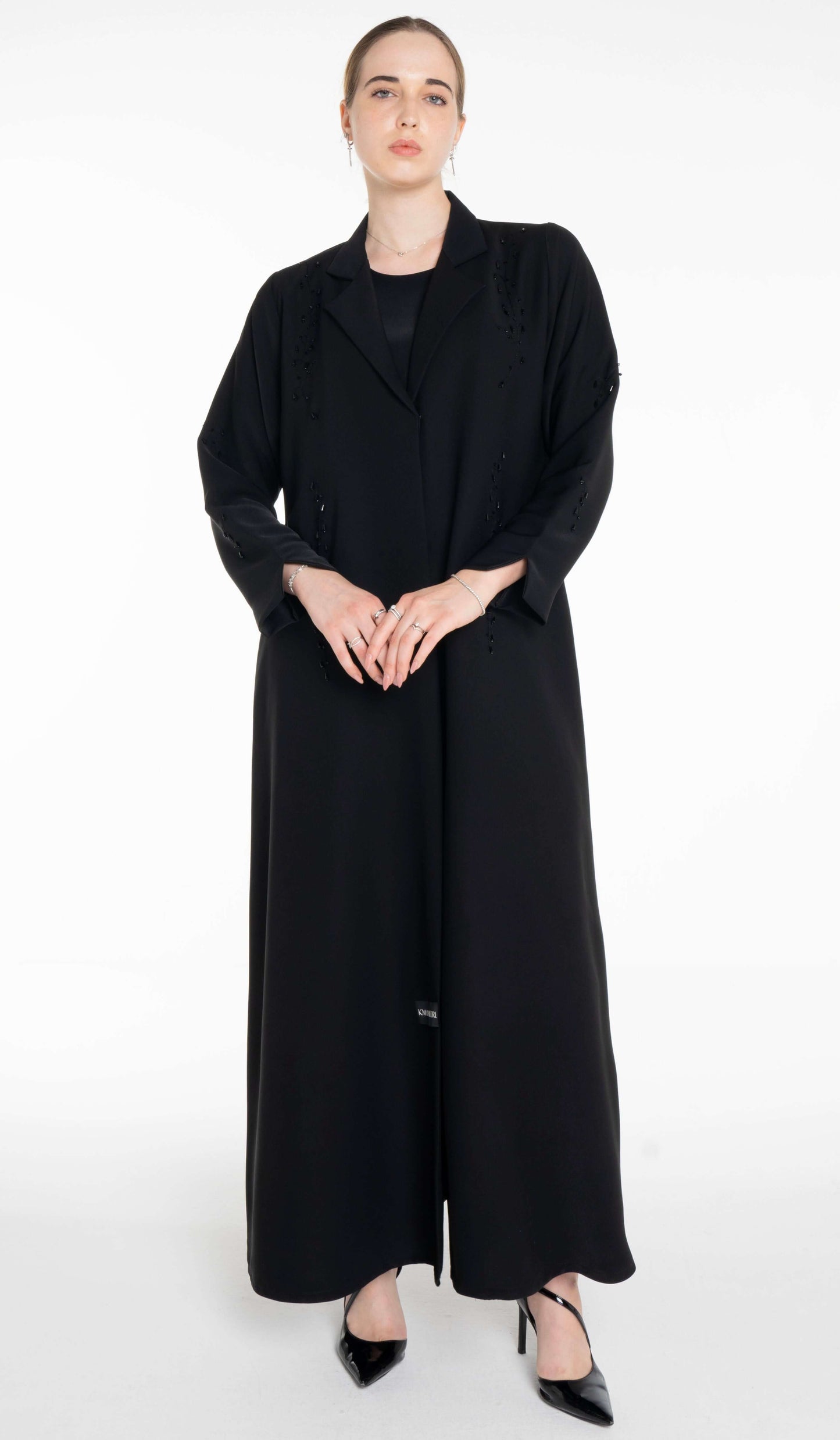 Stylish Collared Abaya With Bead Work Detailing