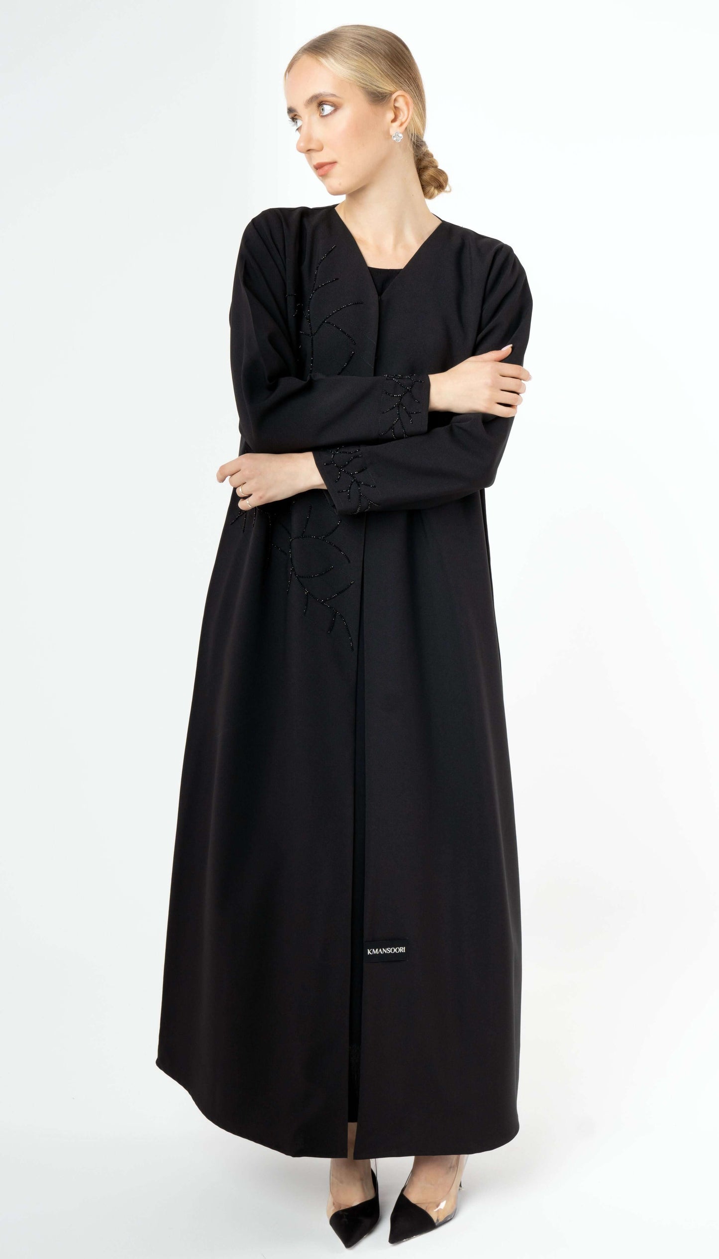 V-Neck Abaya With Stich Line And Embellishment On Front