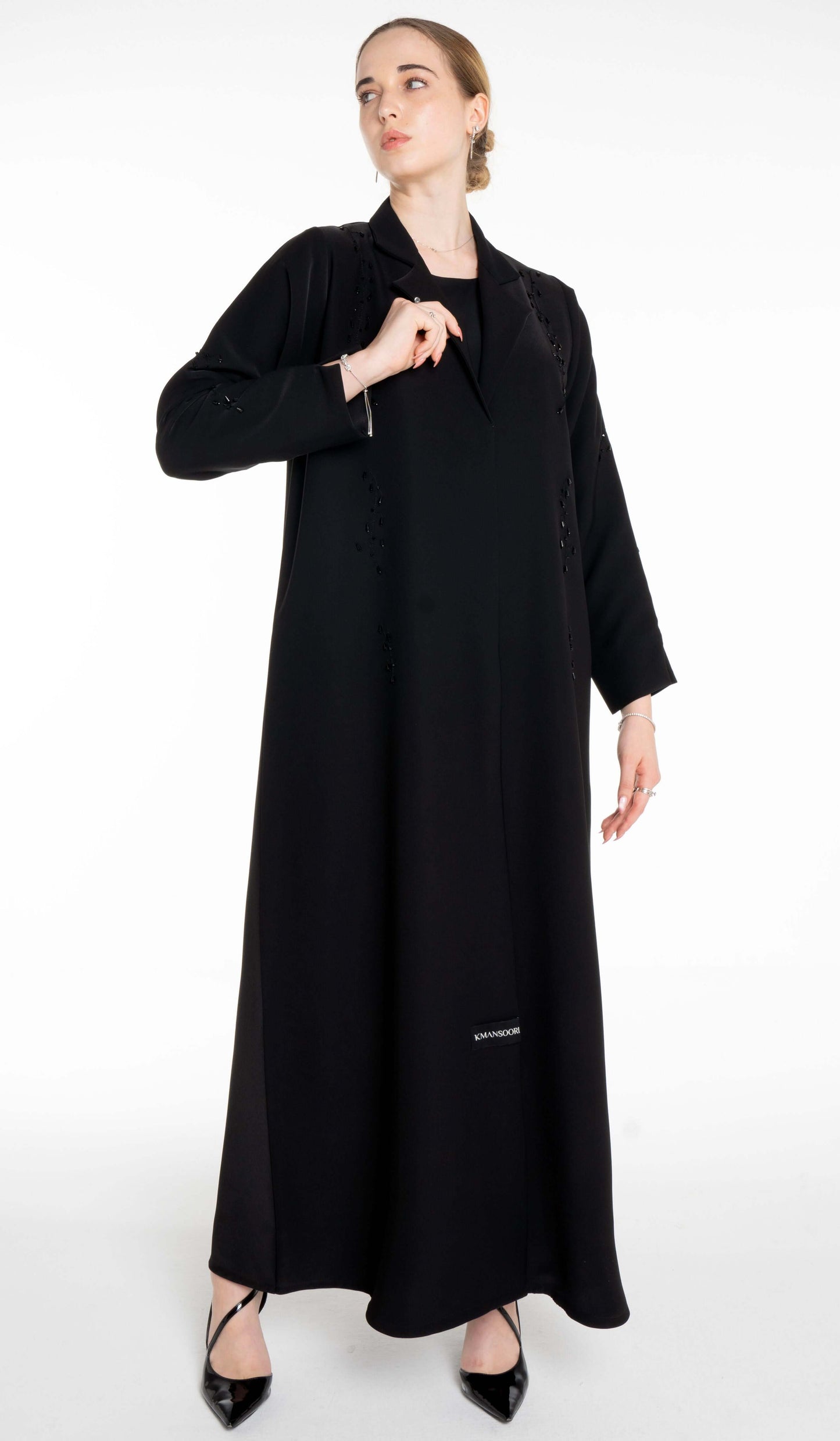 Stylish Collared Abaya With Bead Work Detailing