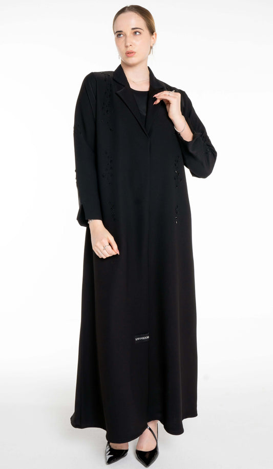 Stylish Collared Black Abaya With Bead Work Detailing