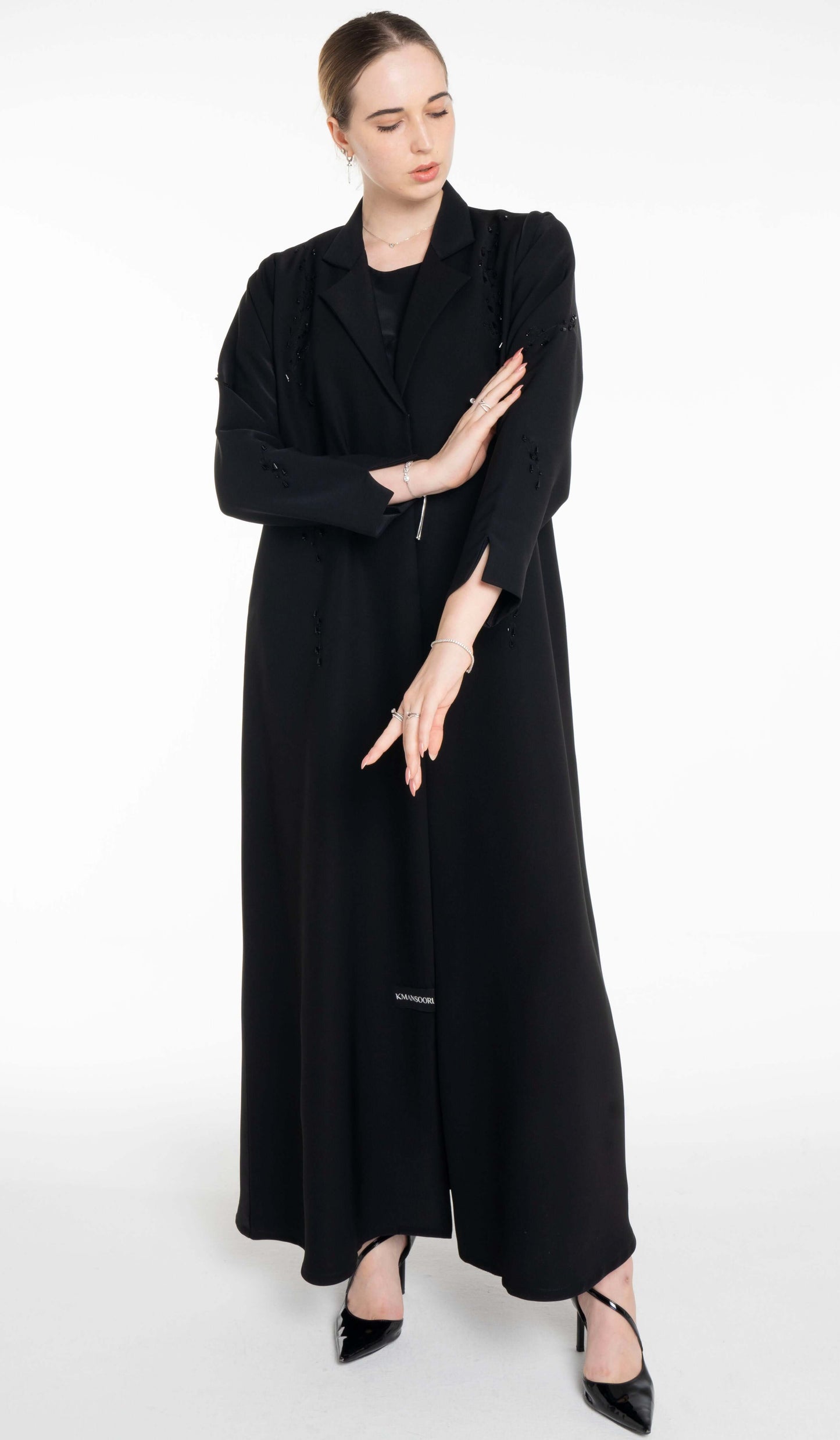 Stylish Collared Abaya With Bead Work Detailing