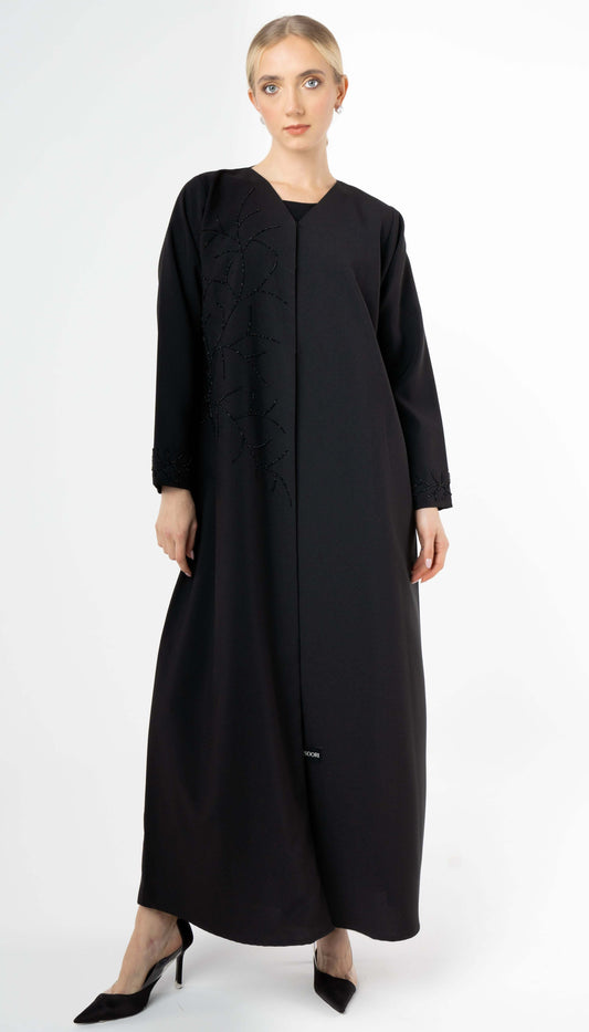Black V-Neck Abaya With Stich Line And Embellishment On Front