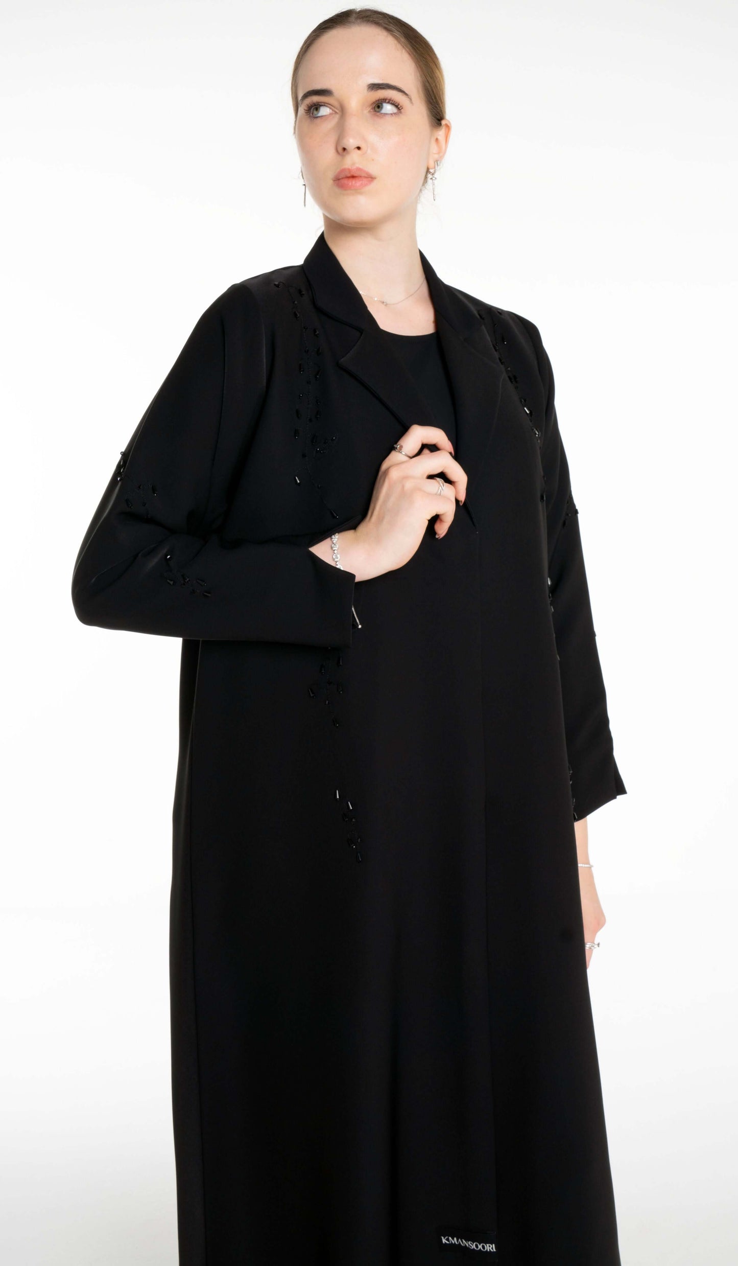 Stylish Collared Abaya With Bead Work Detailing