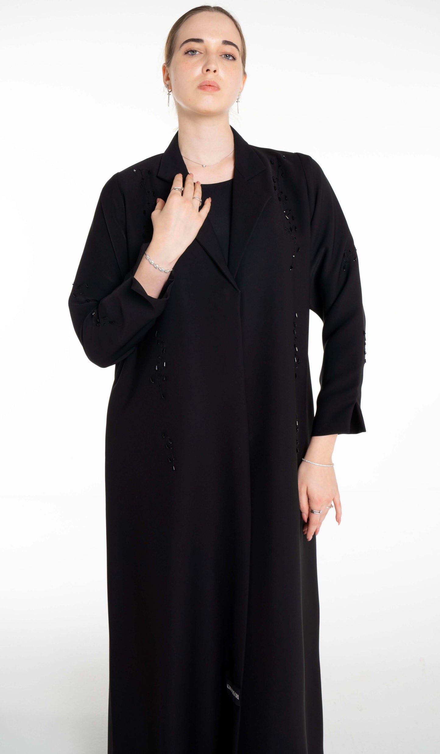 Stylish Collared Abaya With Bead Work Detailing