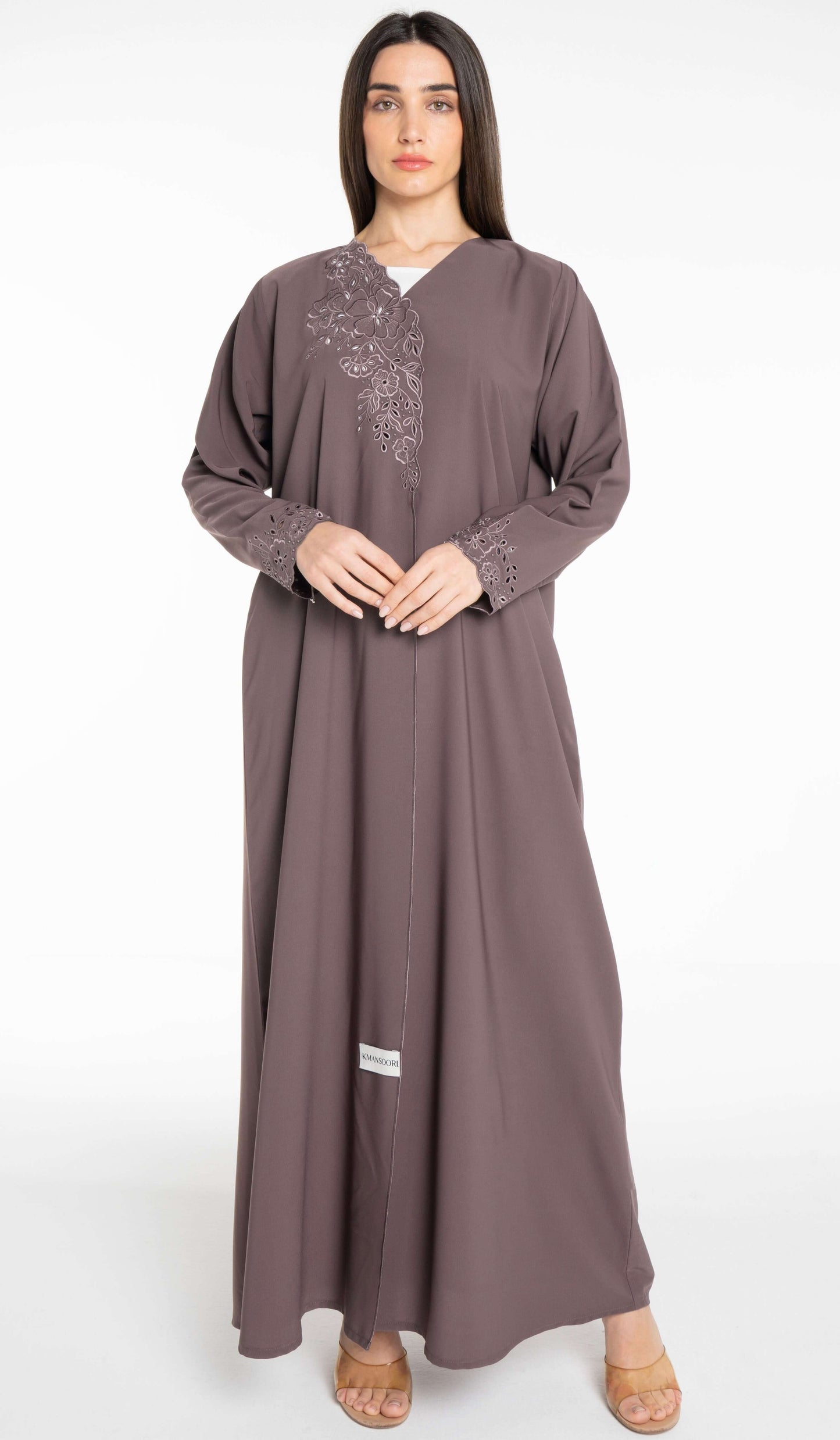 Floral Cutwork Brown Abaya With Simple Bead Highlights