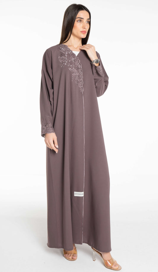 Floral Cutwork Brown Abaya With Simple Bead Highlights