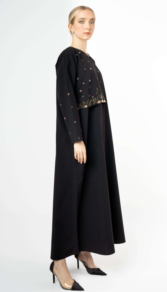 Elegant And Unique Black Abaya With Flower Style Embroidery On Front