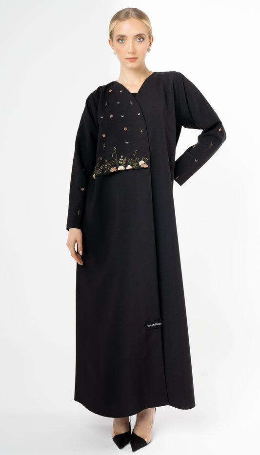 Elegant And Unique Abaya With Flower Style Embroidery On Front