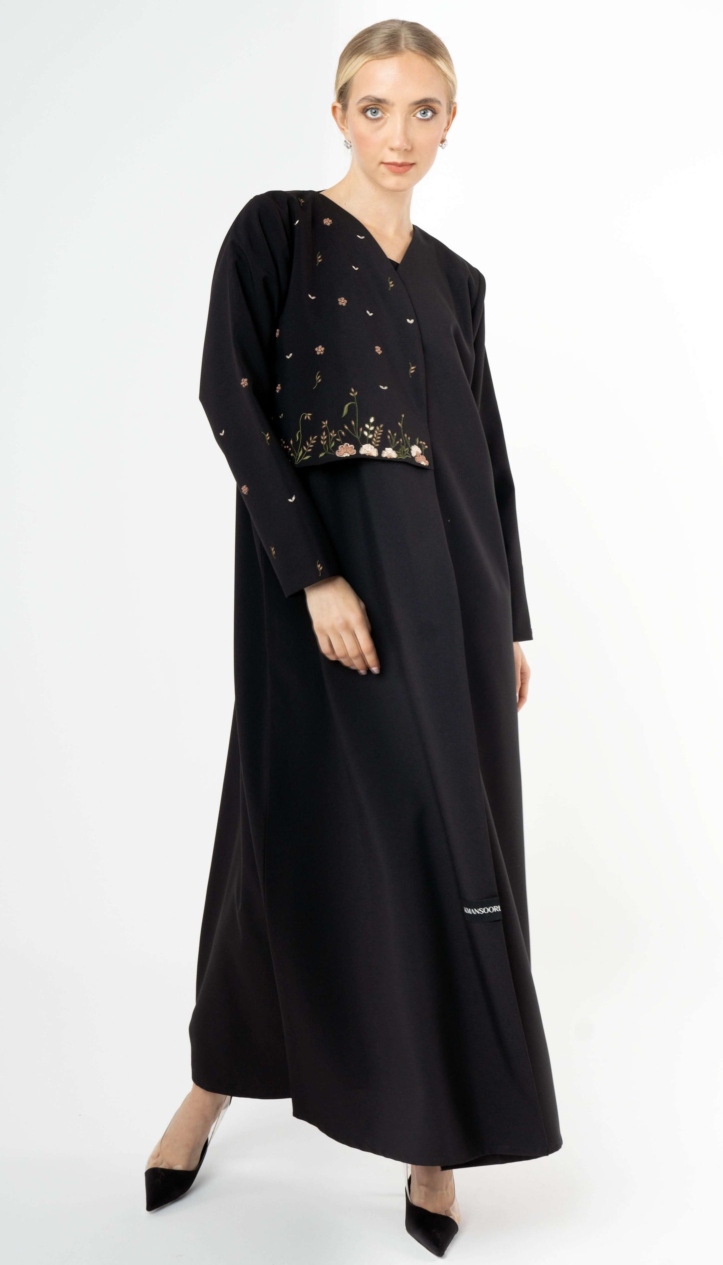 Elegant And Unique Black Abaya With Flower Style Embroidery On Front
