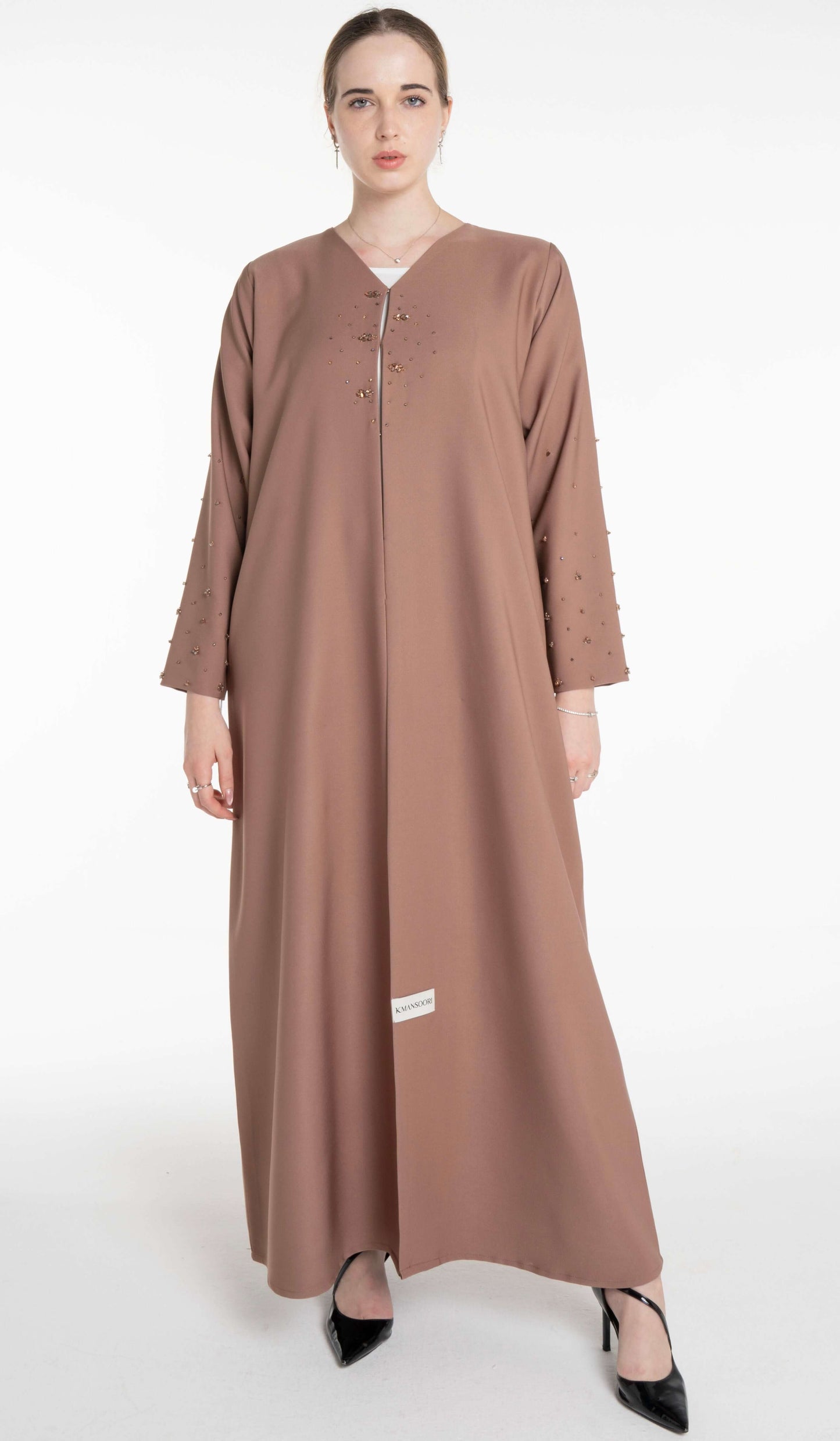 Elegant Abaya With Bead Embellishment On Sleeves And Front