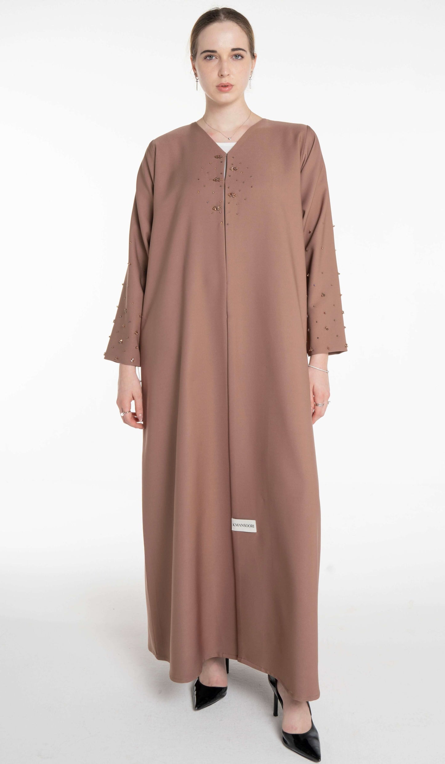 Elegant Abaya With Bead Embellishment On Sleeves And Front