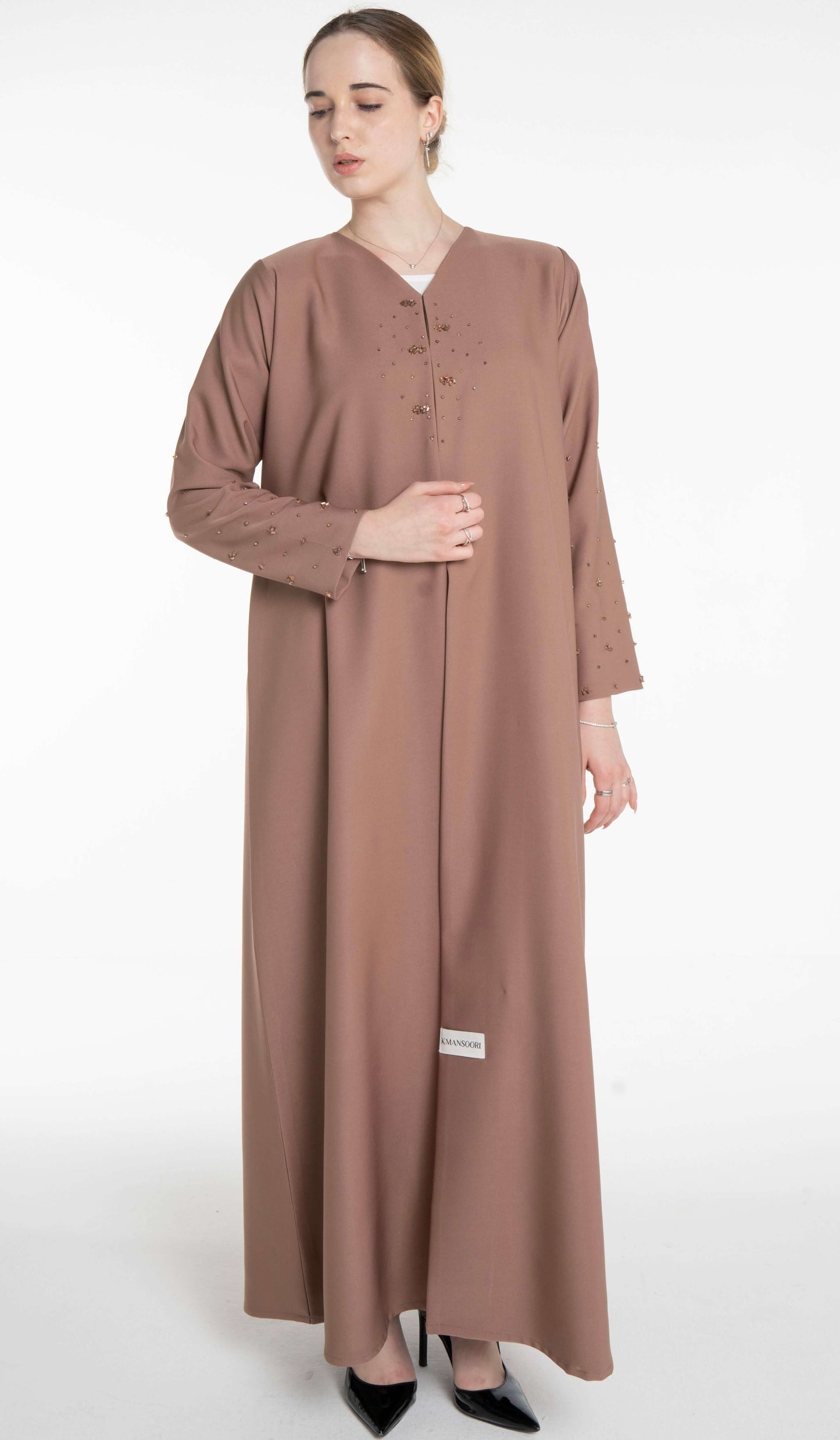 Elegant Abaya With Bead Embellishment On Sleeves And Front