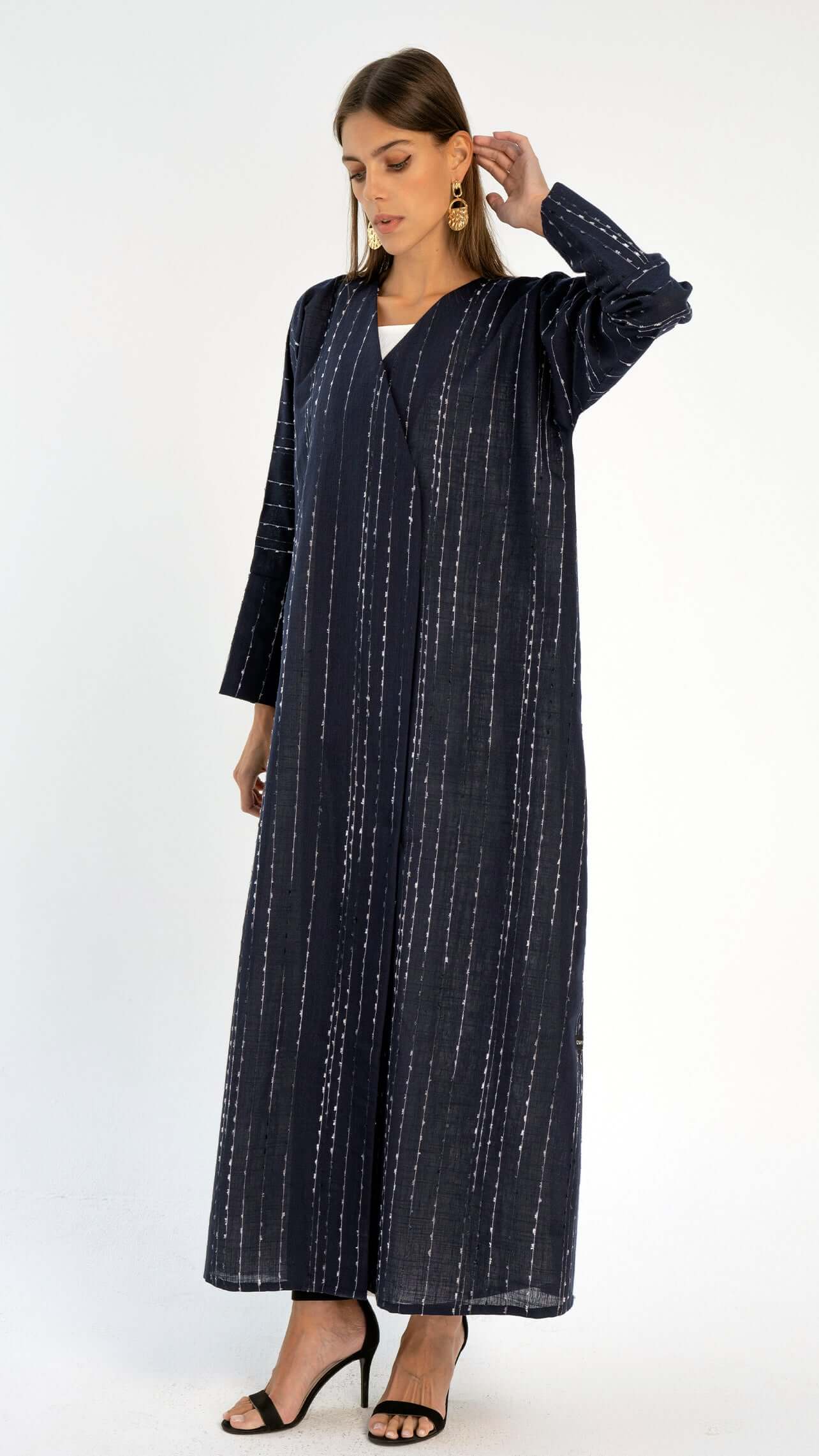 Dark Blue Stripe Linen Overlap Abaya with Cut Joined Sleeve Pattern
