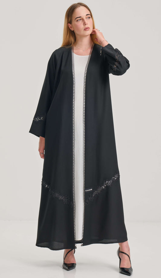 Black Lacework Abaya With Beadwork Detailing
