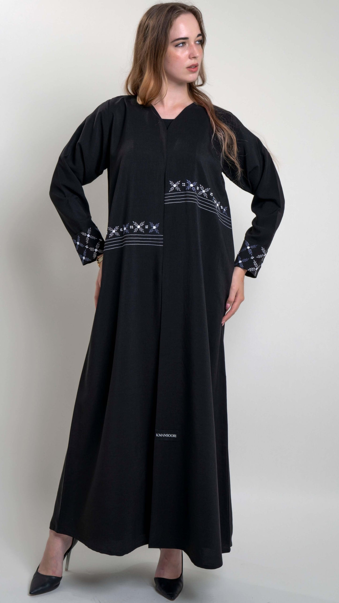 Black abaya with floral thread embroidery