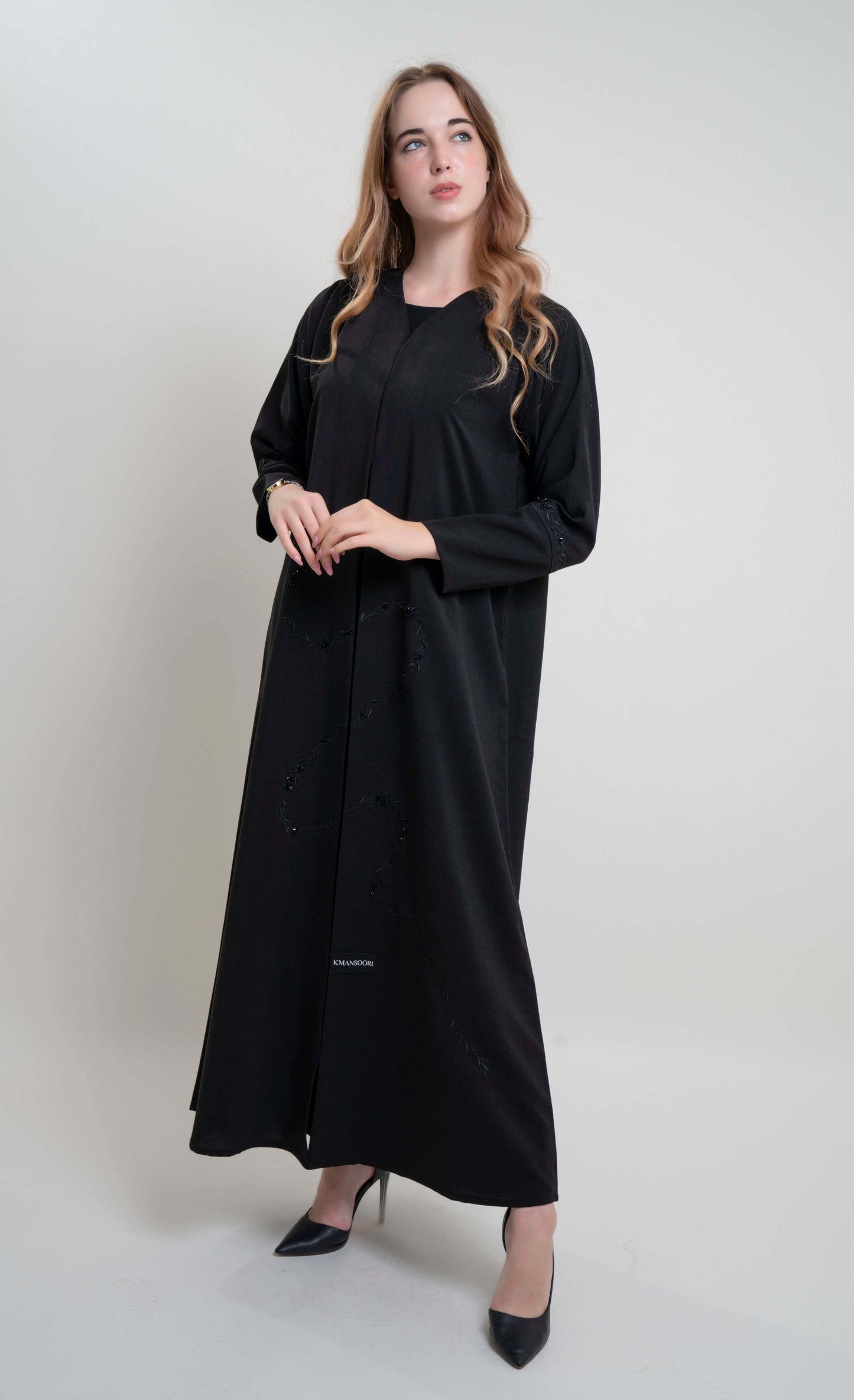 Floral Curve Line Embroidery with Bead Embellishment on Front and Sleeve