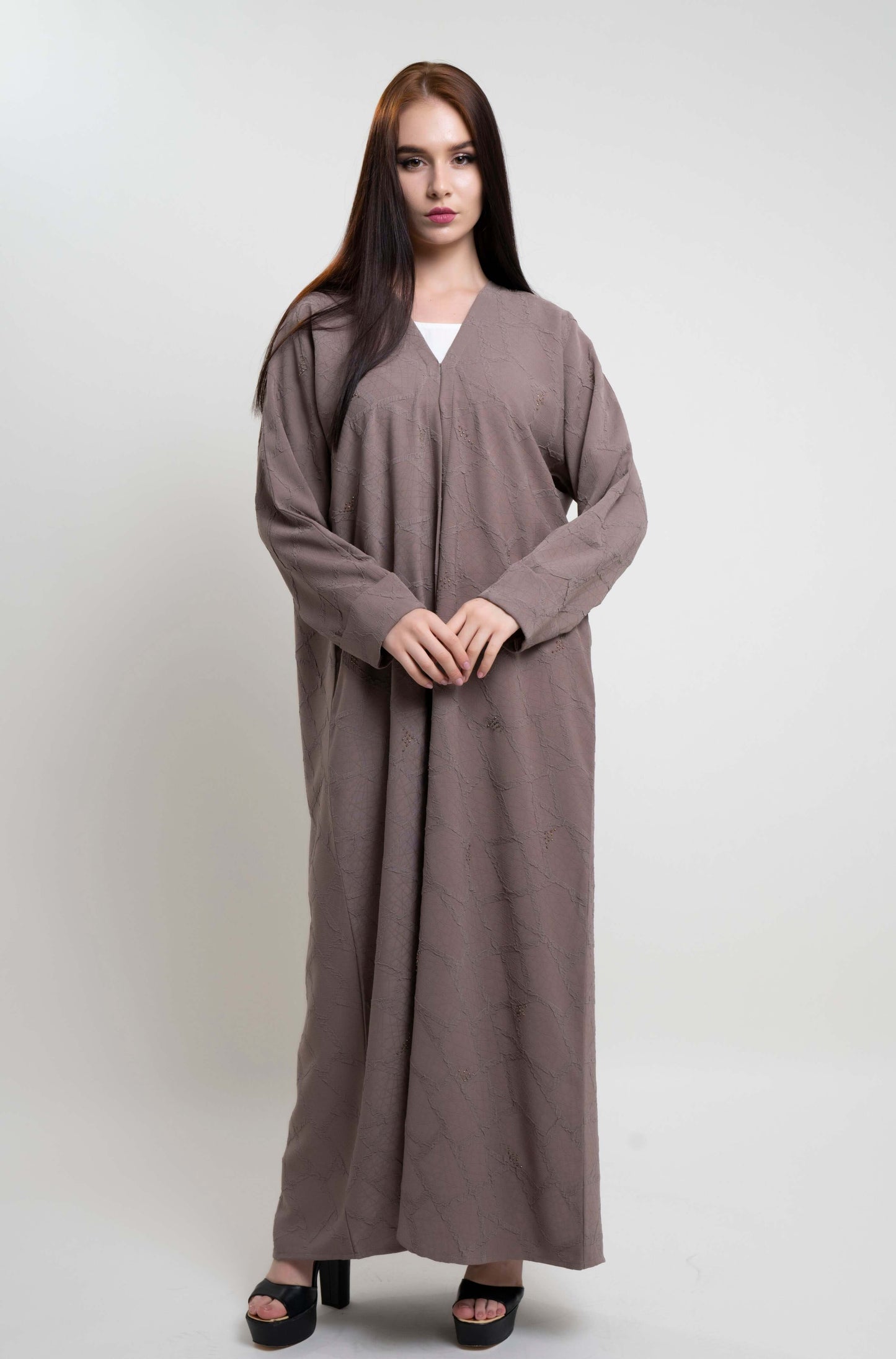 Beige Abaya With Simple Bead Highlights