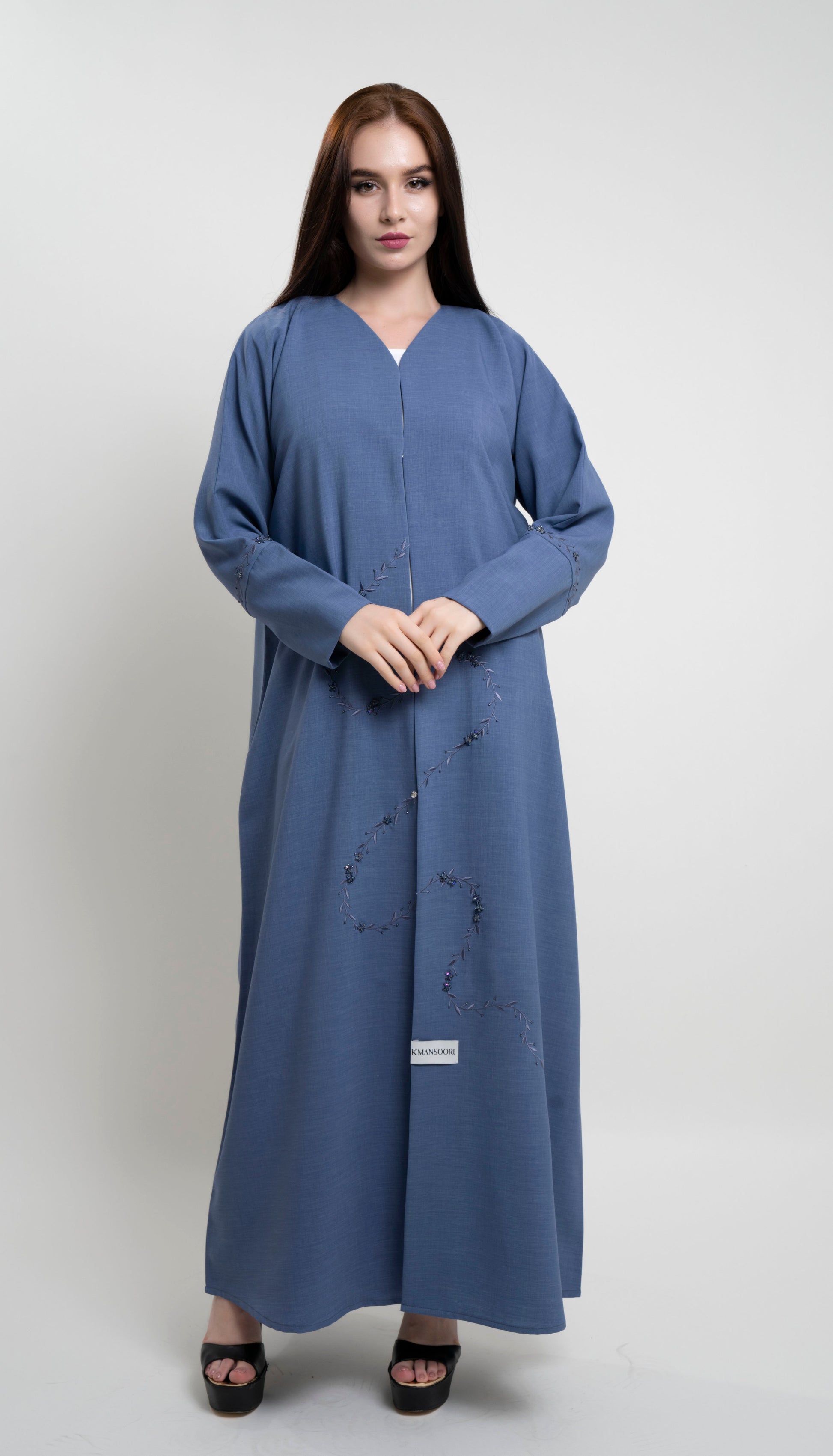 blue floral curve line abaya with embroidery with bead embellishments on front and sleeve