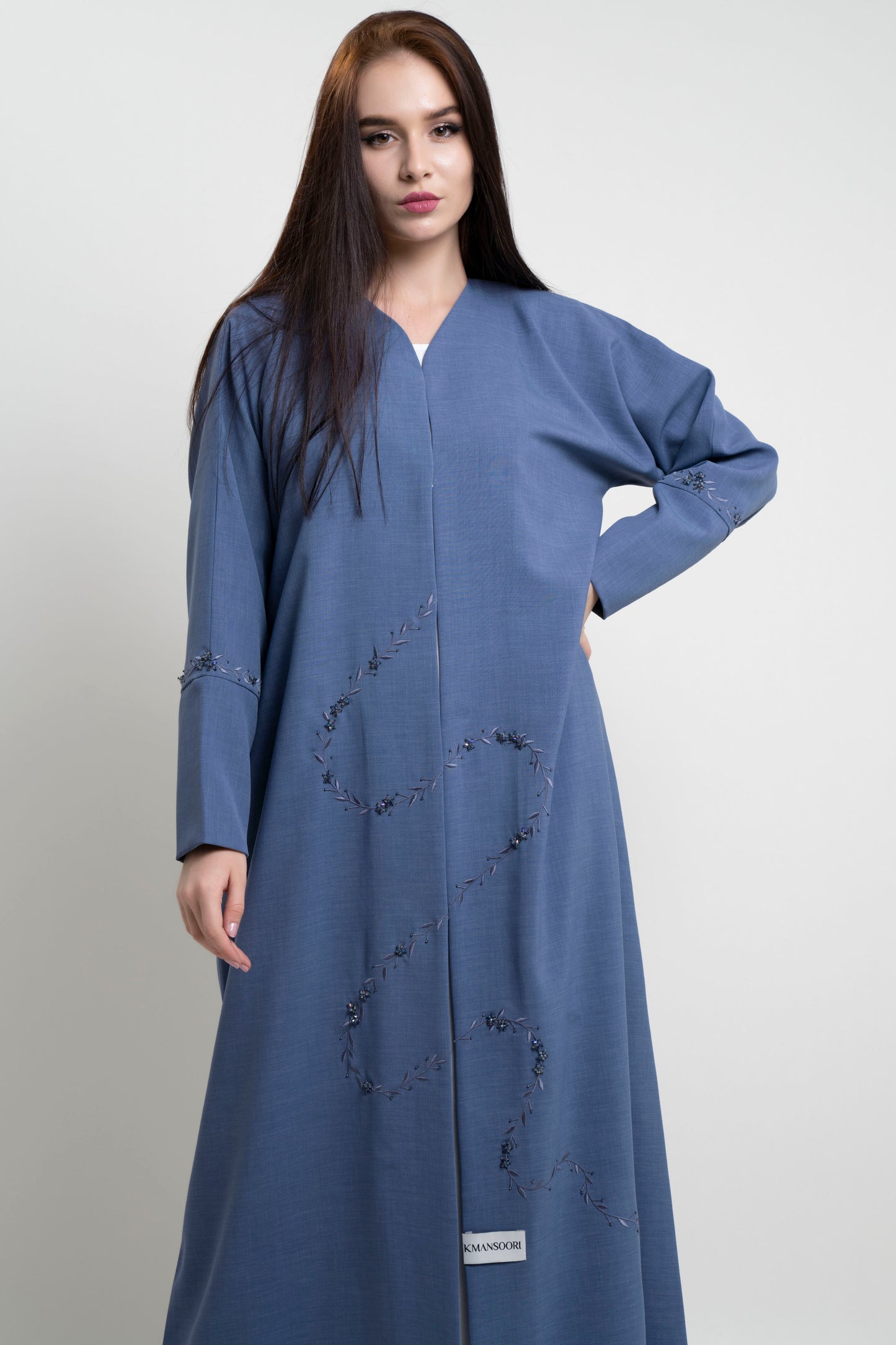 Blue abaya with floral curve line embroidery