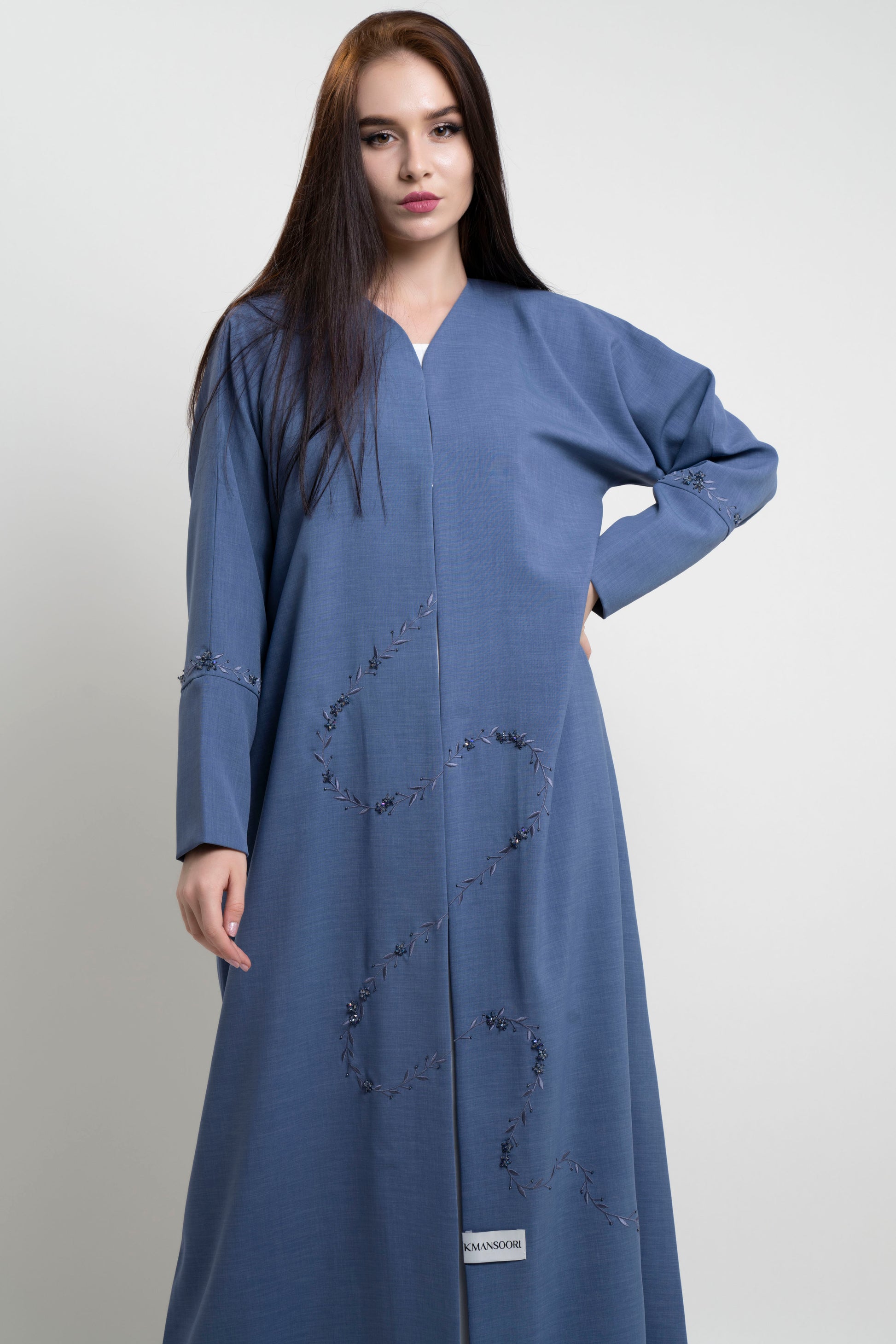 Blue abaya with floral curve line embroidery