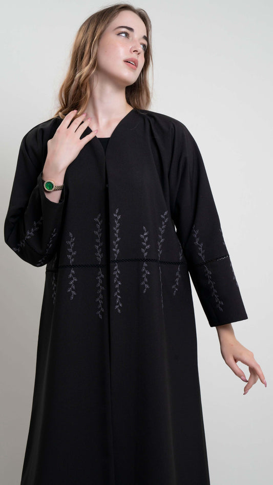 Black lace abaya with grey color leaf embroidery front look