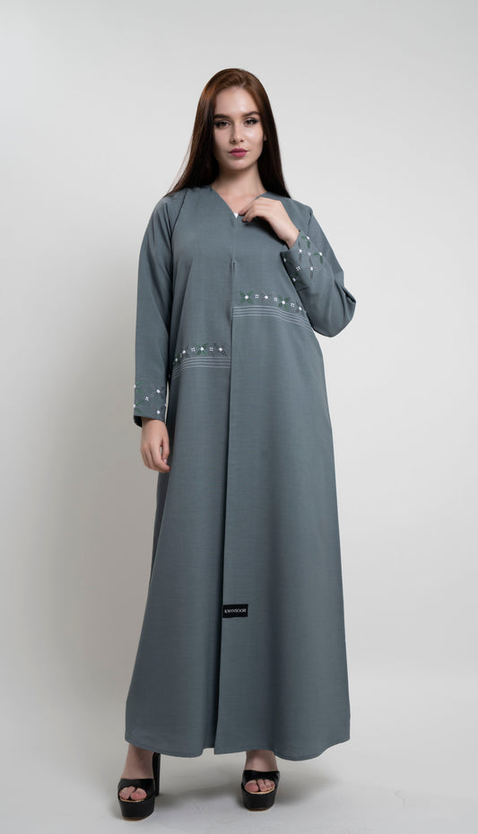 Green abaya with floral thread embroidery on front and fold sleeve