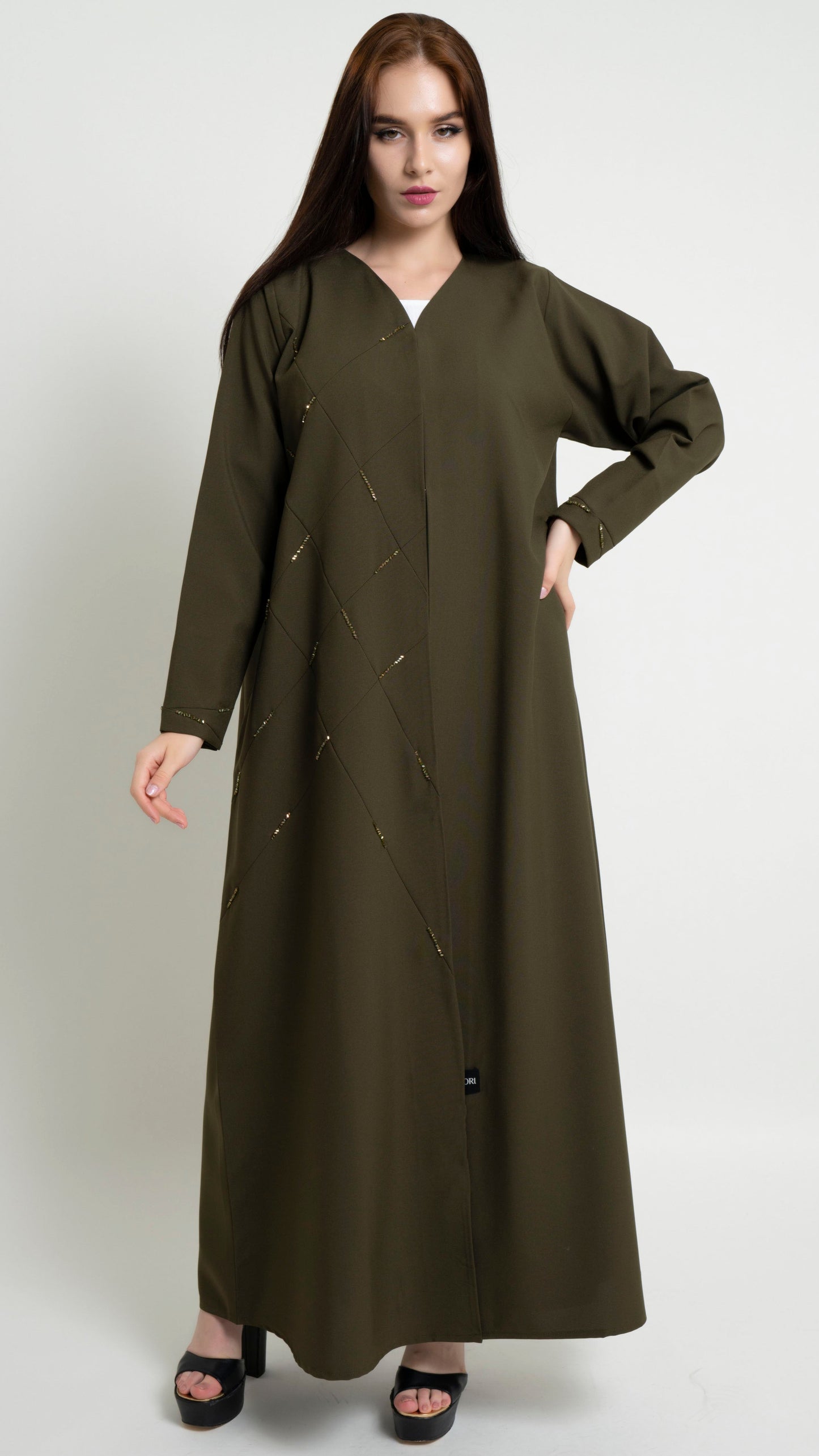 Olive Green Geometrical Pintucks Abaya with Bead Detailing