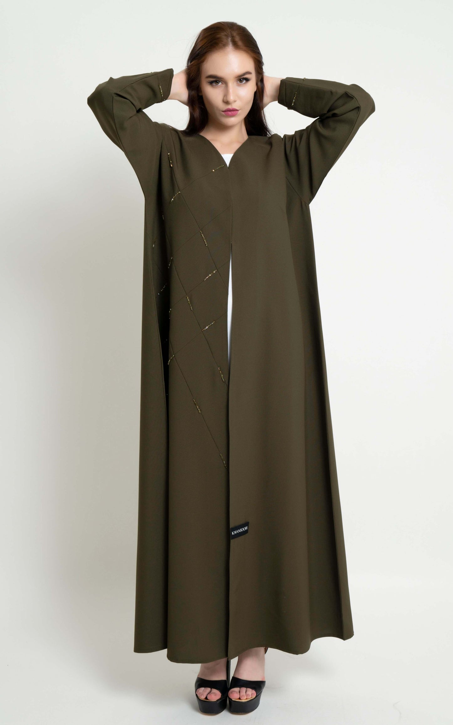Full Olive Green Geometrical Pintucks Abaya with Bead Detailing
