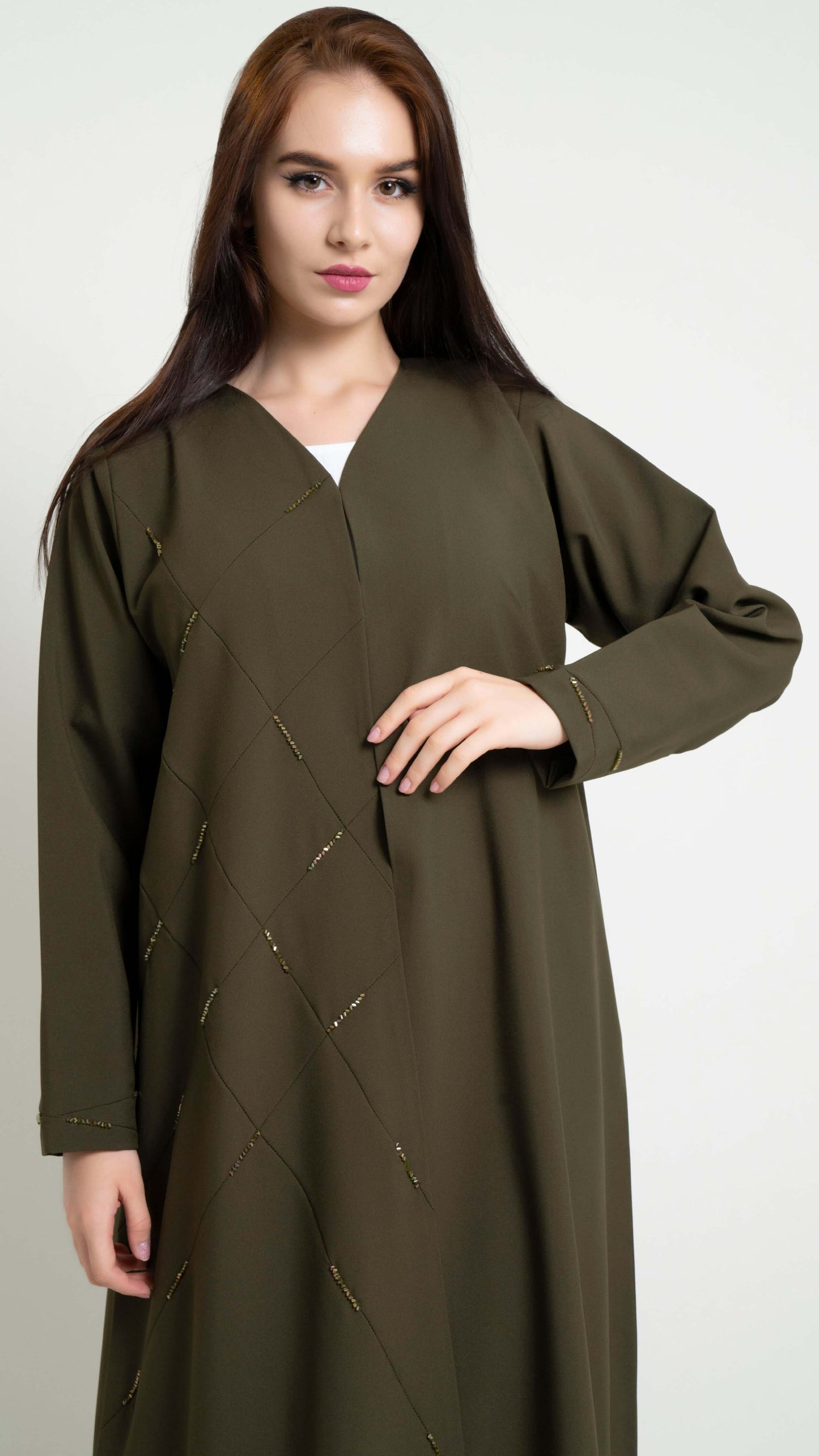 Olive Green Geometrical Pintucks Abaya with Bead Details
