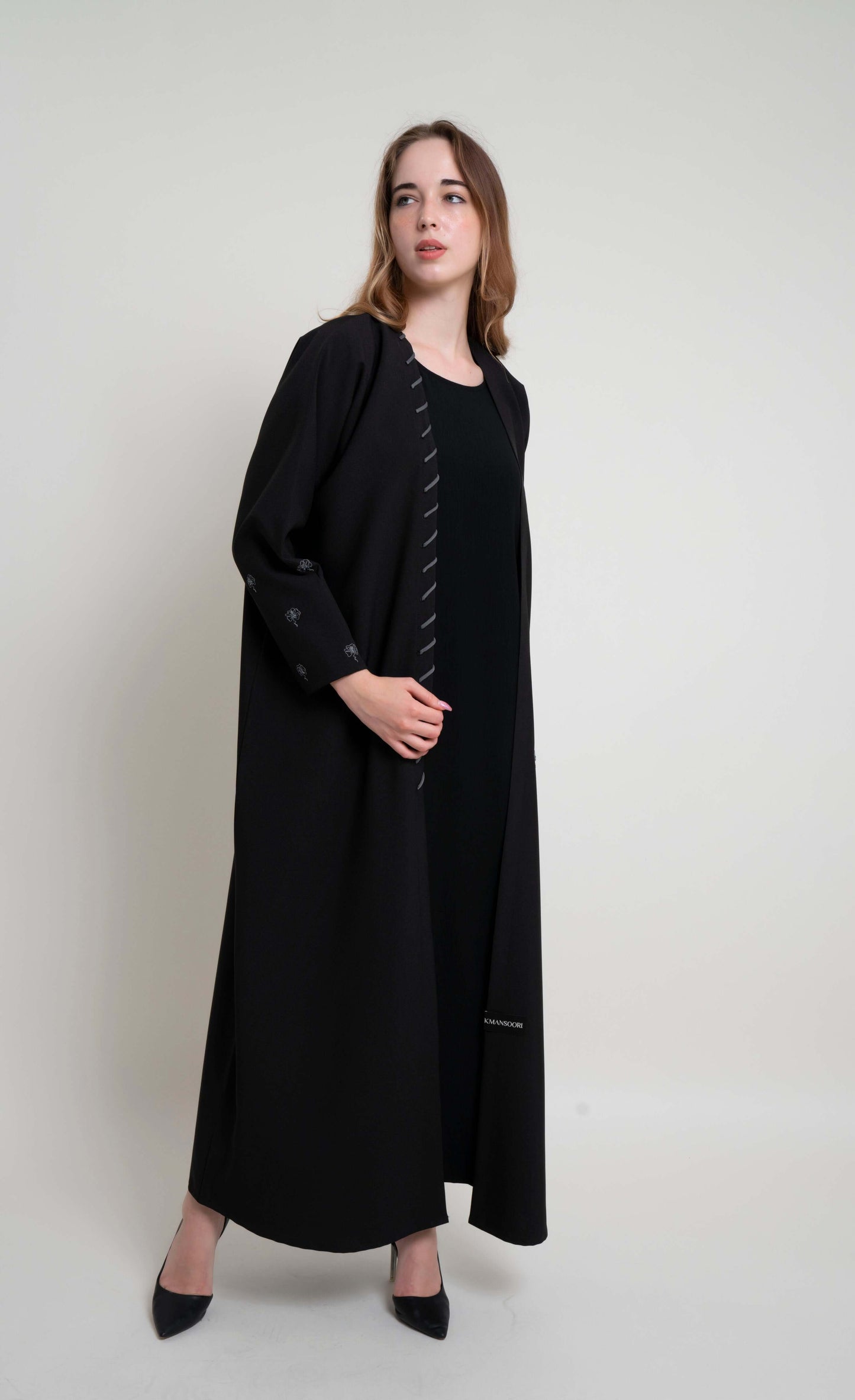 Grey Floral Motif Embroidery on Black Abaya with One Side Piping