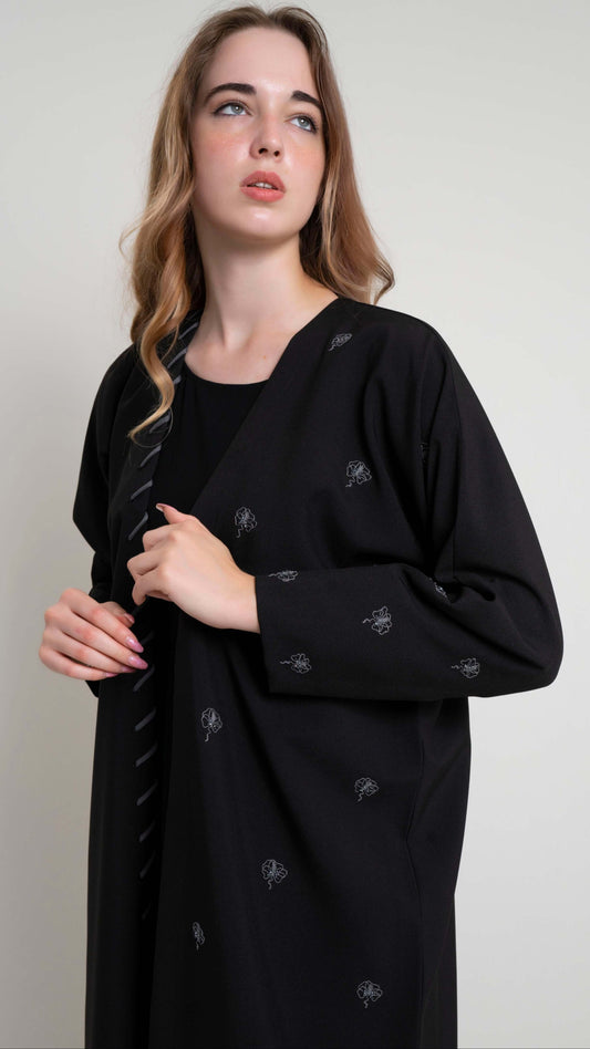 Grey Floral Motif Embroidery on Black Abaya with One Side Piping