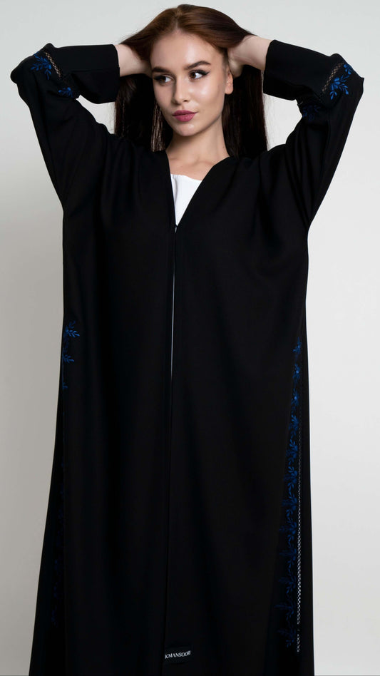 Black floral design thread embroidery on side and sleeve