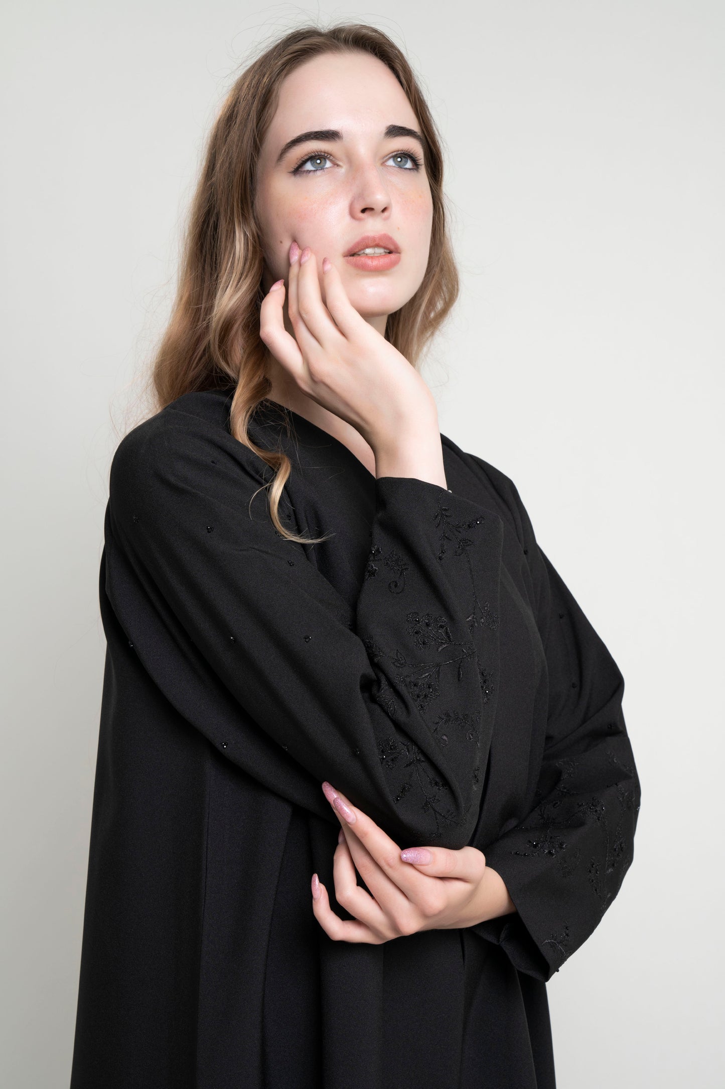 Detailed View of Abaya Design with Floral Thread Embroidered Sleeves with Bead