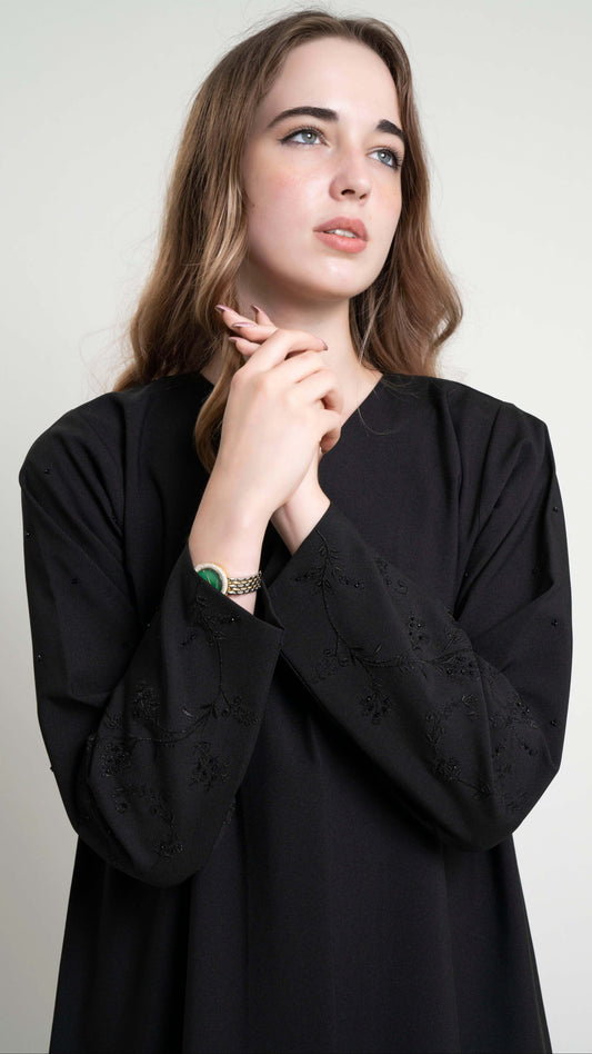 Black abaya details of Floral Thread Embroidery Sleeves Enriched with Beads