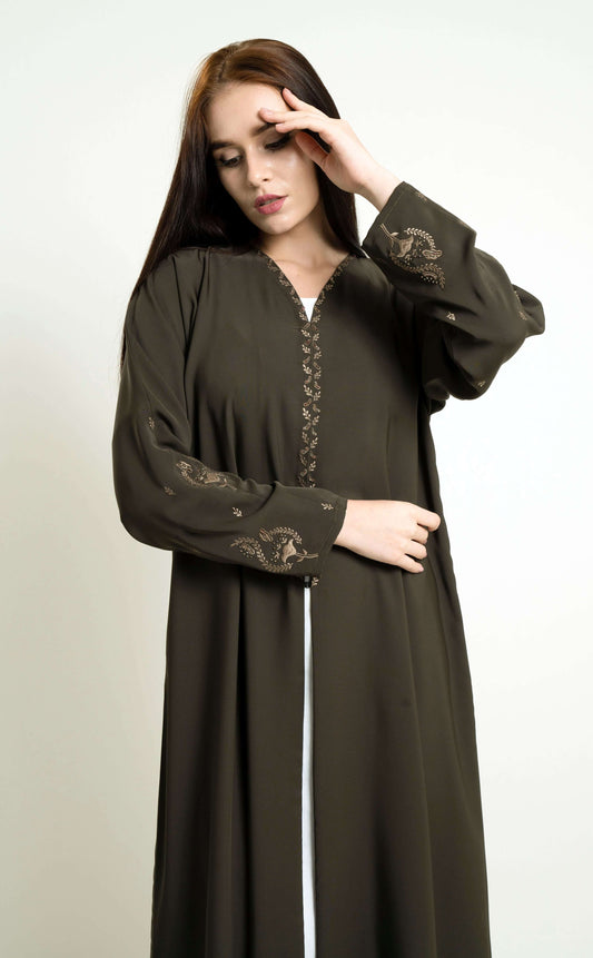Green Abaya with Embroidered Neckline and Floral Motif Sleeves