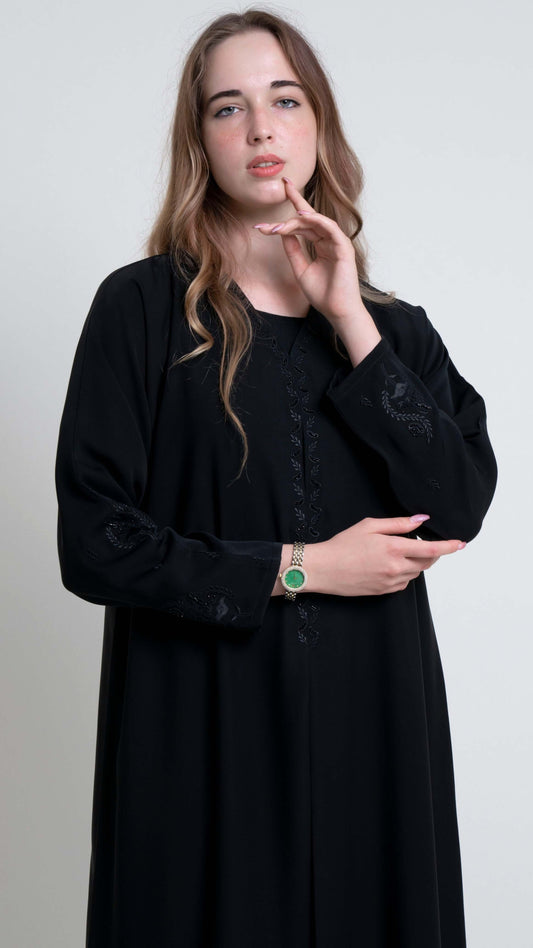 Black abaya with Embroidered Neckline and Floral Motif Sleeves