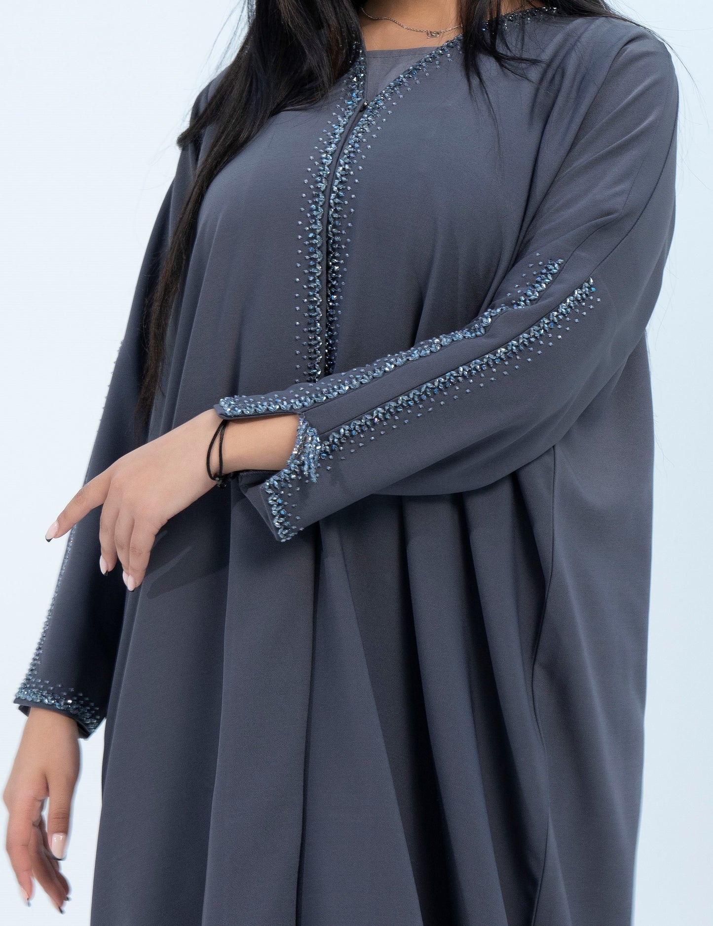 Grey Colored V-Neck Abaya with Stunning Embellishments on Front Top Half and Sleeves