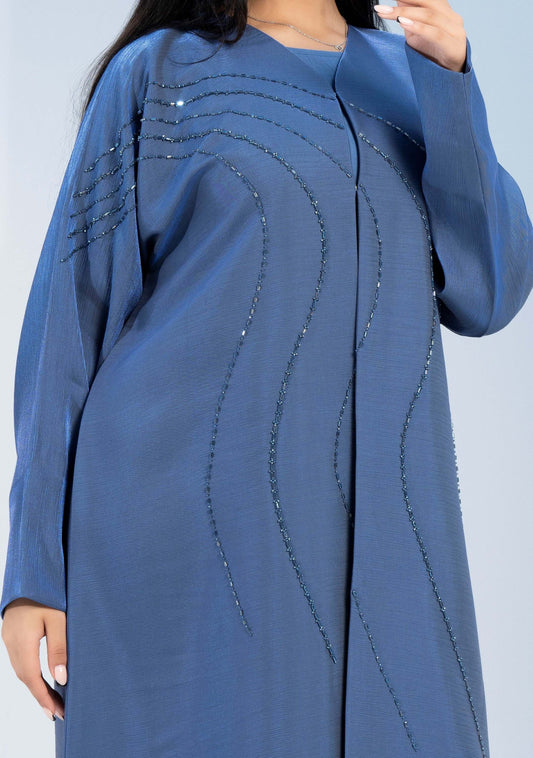 Sky Blue Colored V-Neck Abaya with Flowy Embellishments
