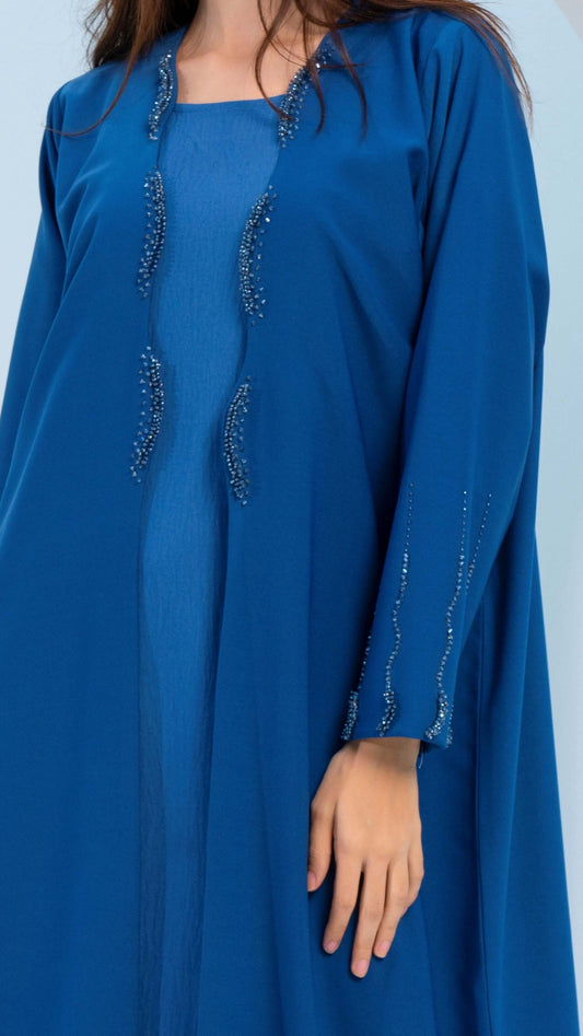 Sky Blue Bisht Abaya with Curve Cut Embellishments on Flap and Sleeves