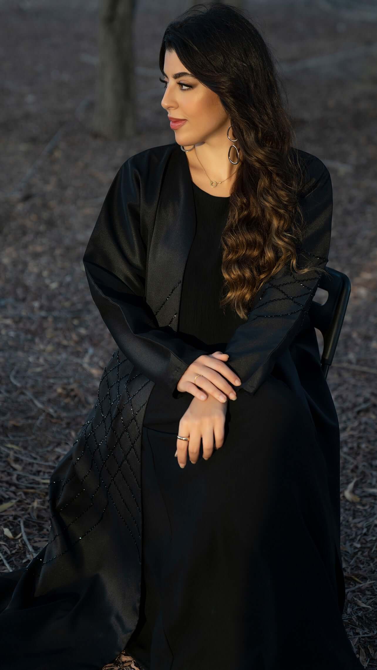 Black geometrical bead line embroidery abaya in Dubai