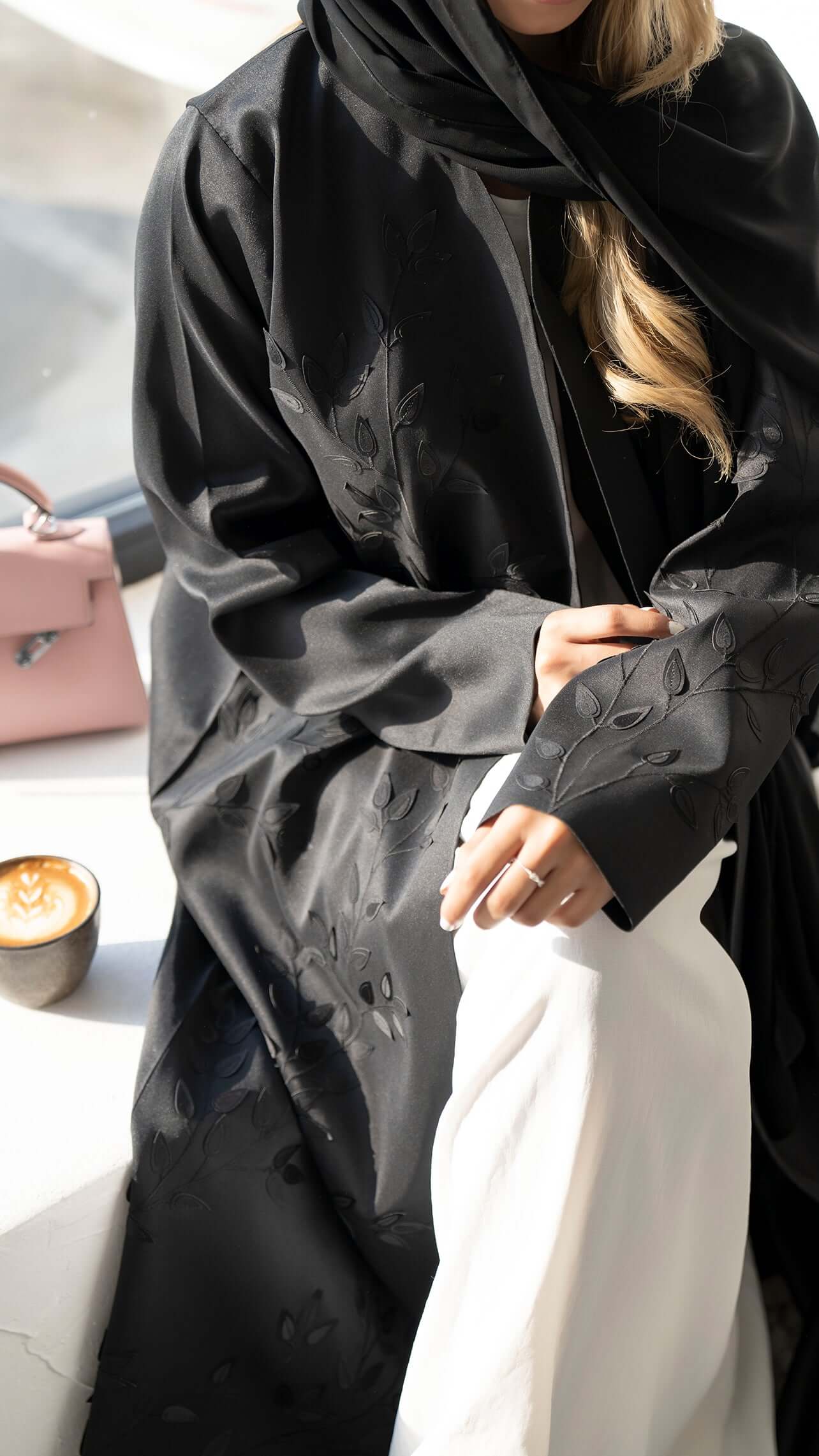 Black Satin Abaya with Floral Laser Cut Patchwork on the Front