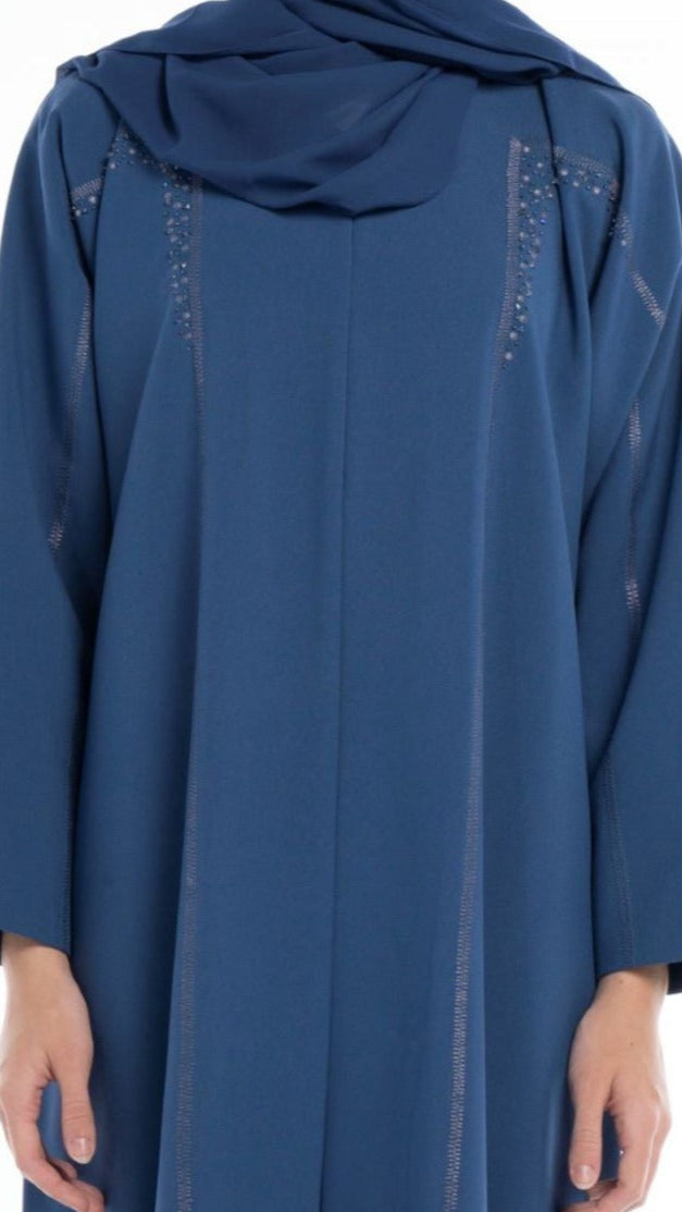 Sky Blue Colored V-Neck Abaya with Geometrical Patterned Embroidery