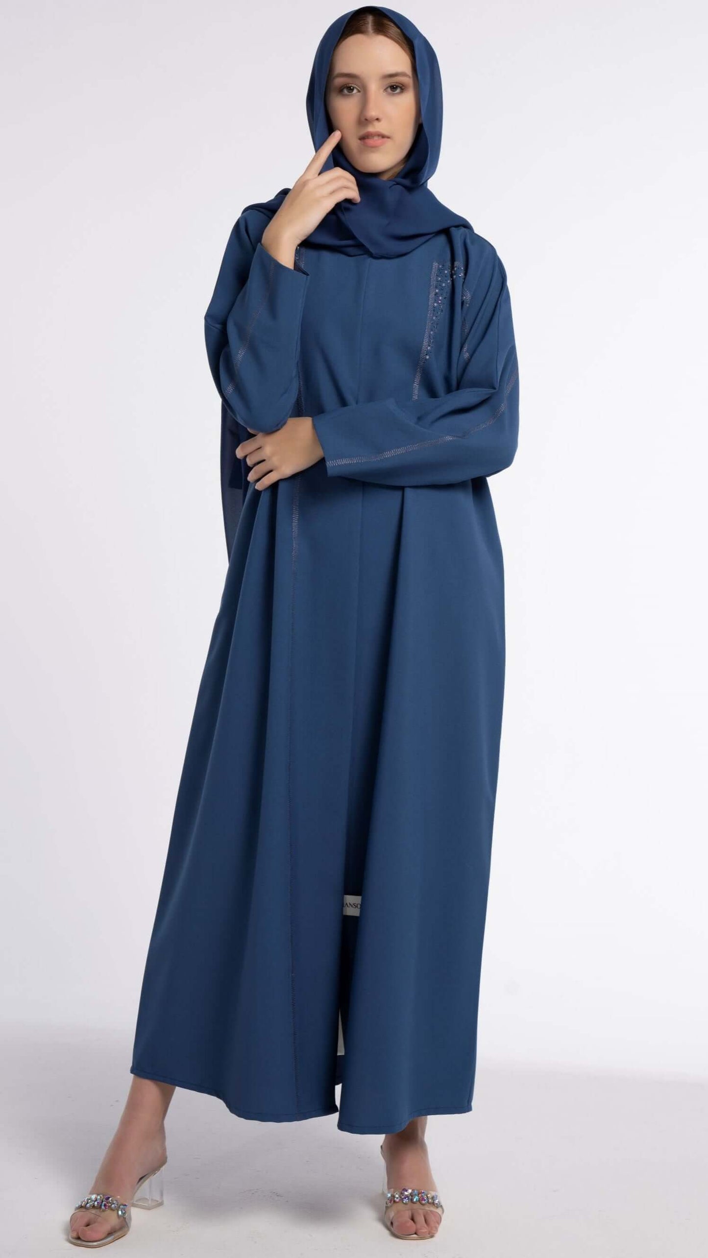 Sky Blue Colored V-Neck Abaya with Geometrical Patterned Embroidery