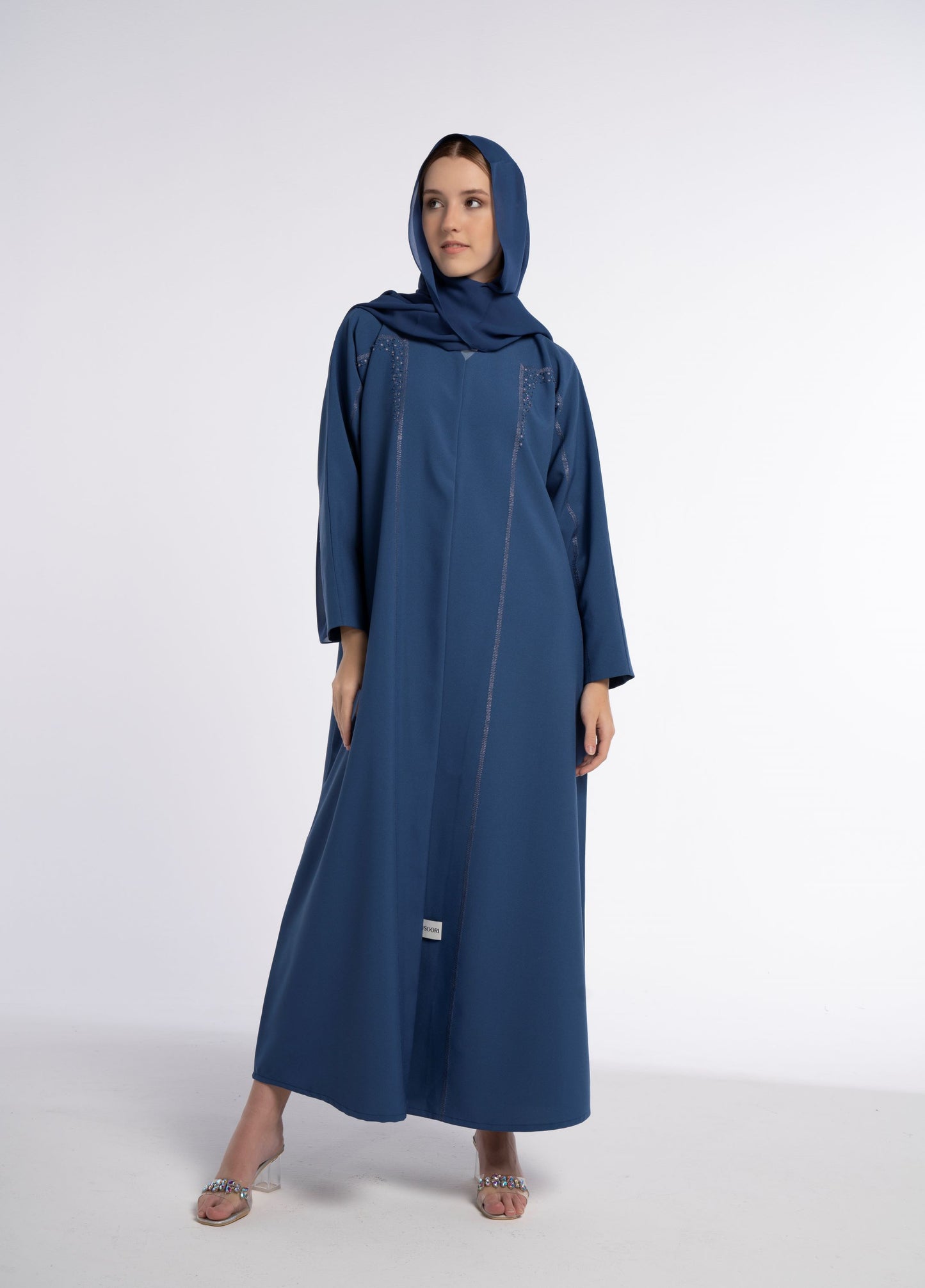 Sky Blue Colored V-Neck Abaya with Geometrical Patterned Embroidery