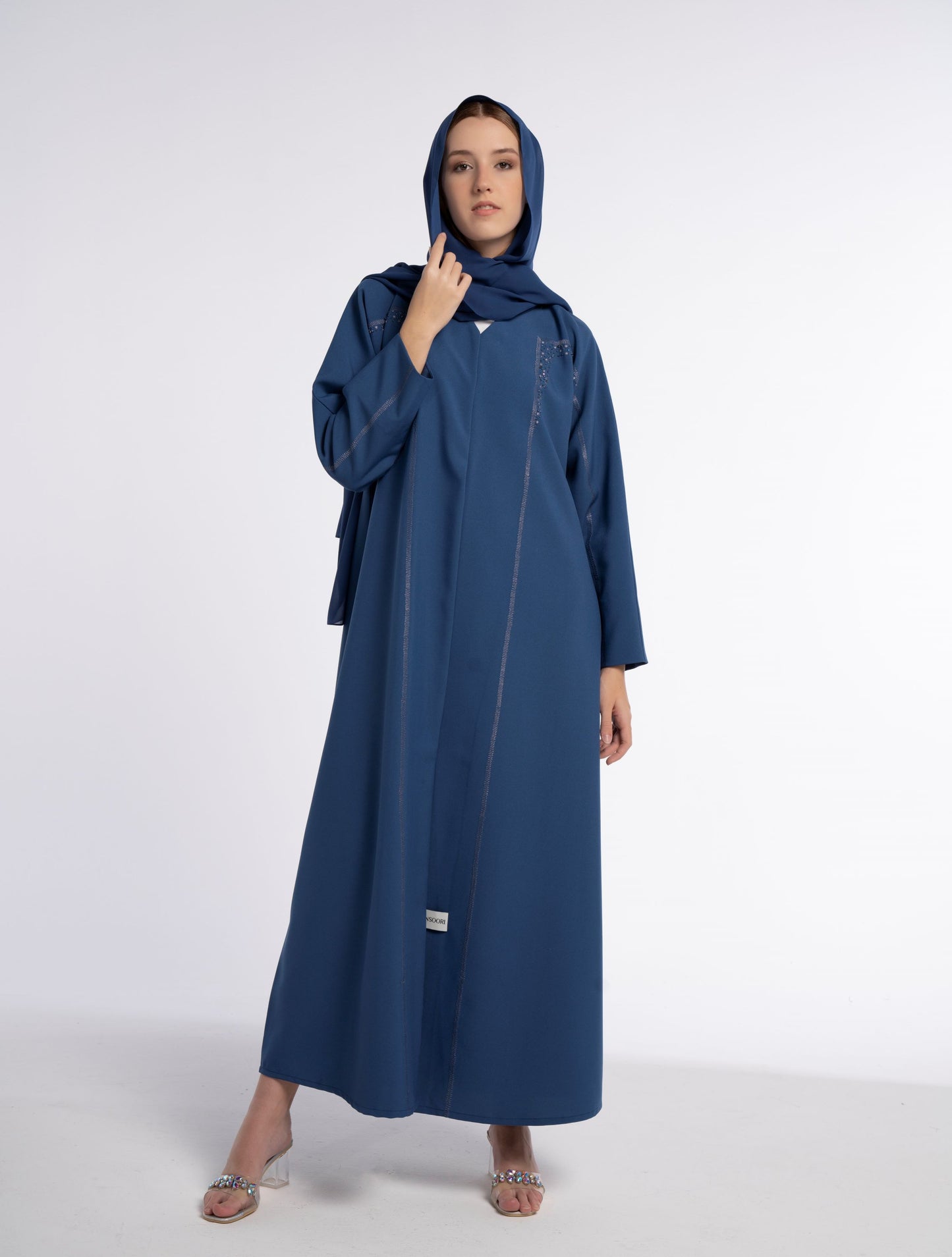 Sky Blue Colored V-Neck Abaya with Geometrical Patterned Embroidery