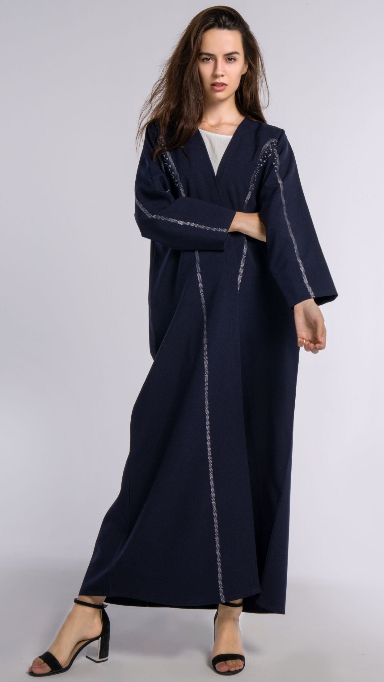 Dark Blue Colored Bisht Abaya with Geometric Patterned Embroidery
