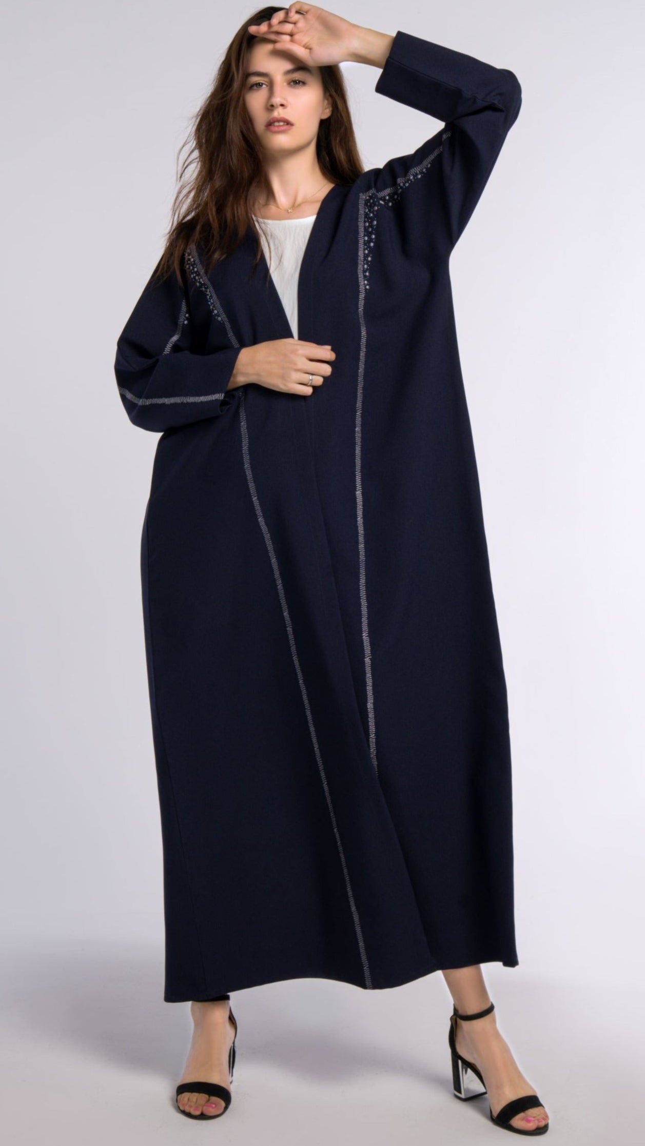 Dark Blue Colored Bisht Abaya with Geometric Patterned Embroidery