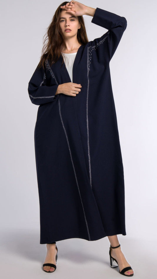 Dark Blue Colored Bisht Abaya with Geometric Patterned Embroidery