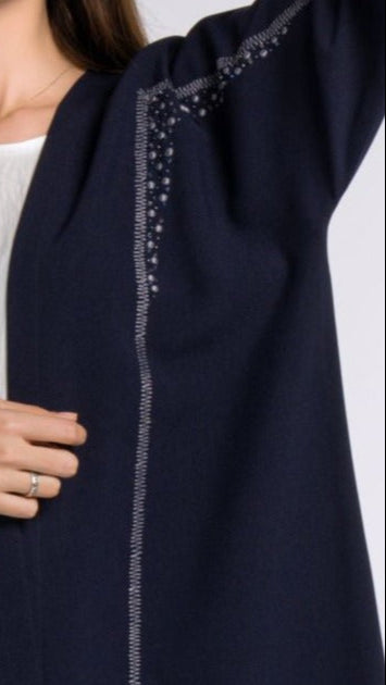 Dark Blue Colored Bisht Abaya with Geometric Patterned Embroidery