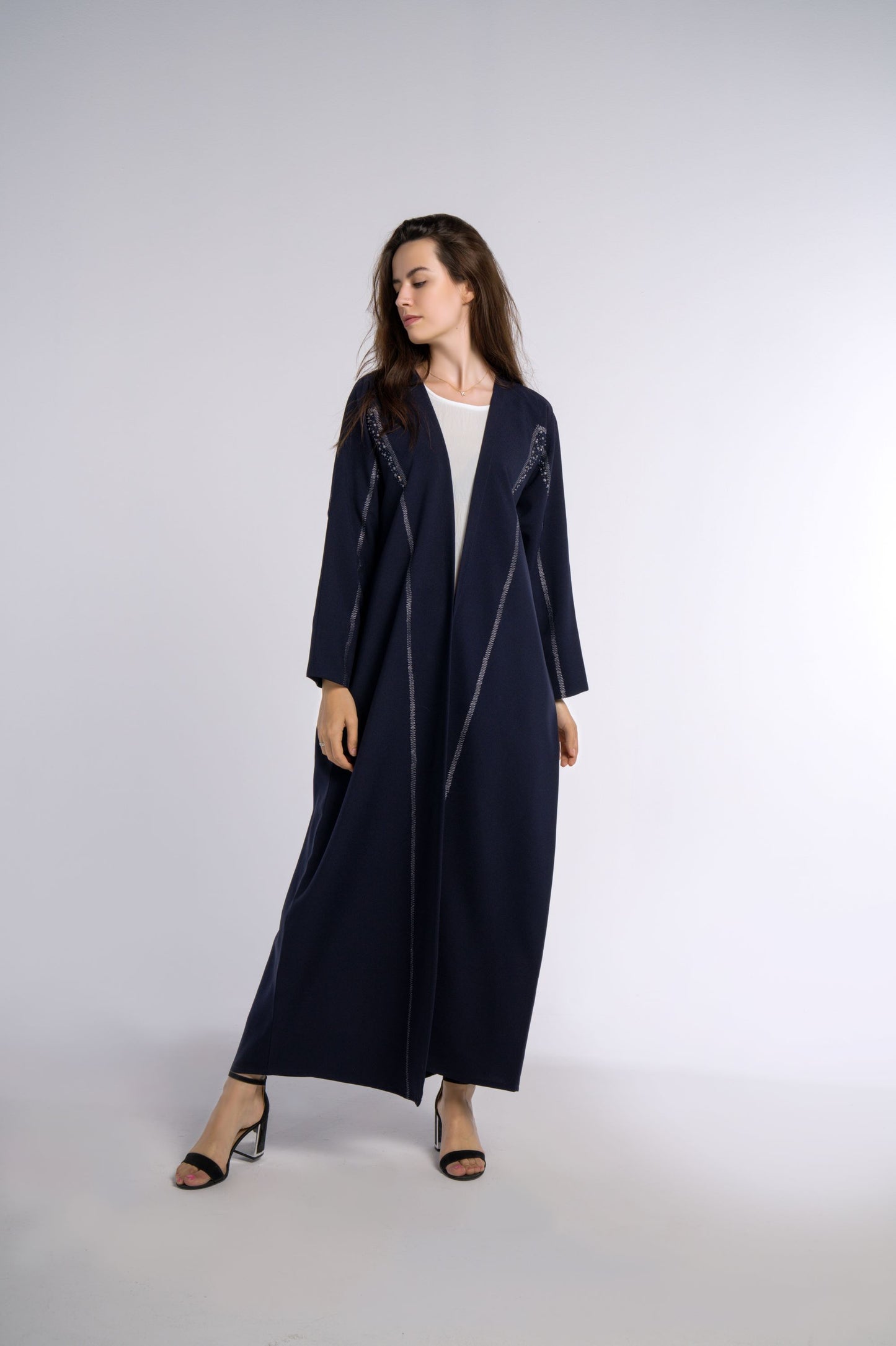 Dark Blue Colored Bisht Abaya with Geometric Patterned Embroidery